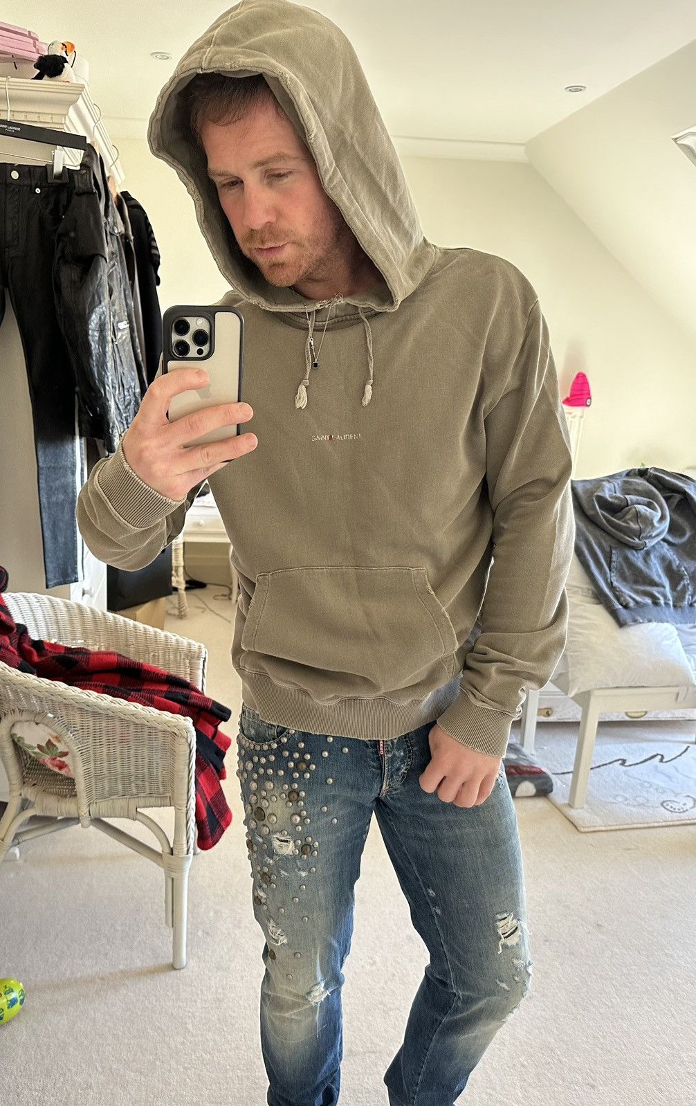 Saint Laurent Paris $890 Saint Laurent Rive Gauche logo hoodie XL olive green Size US XL / EU 56 / 4 - 6 Thumbnail