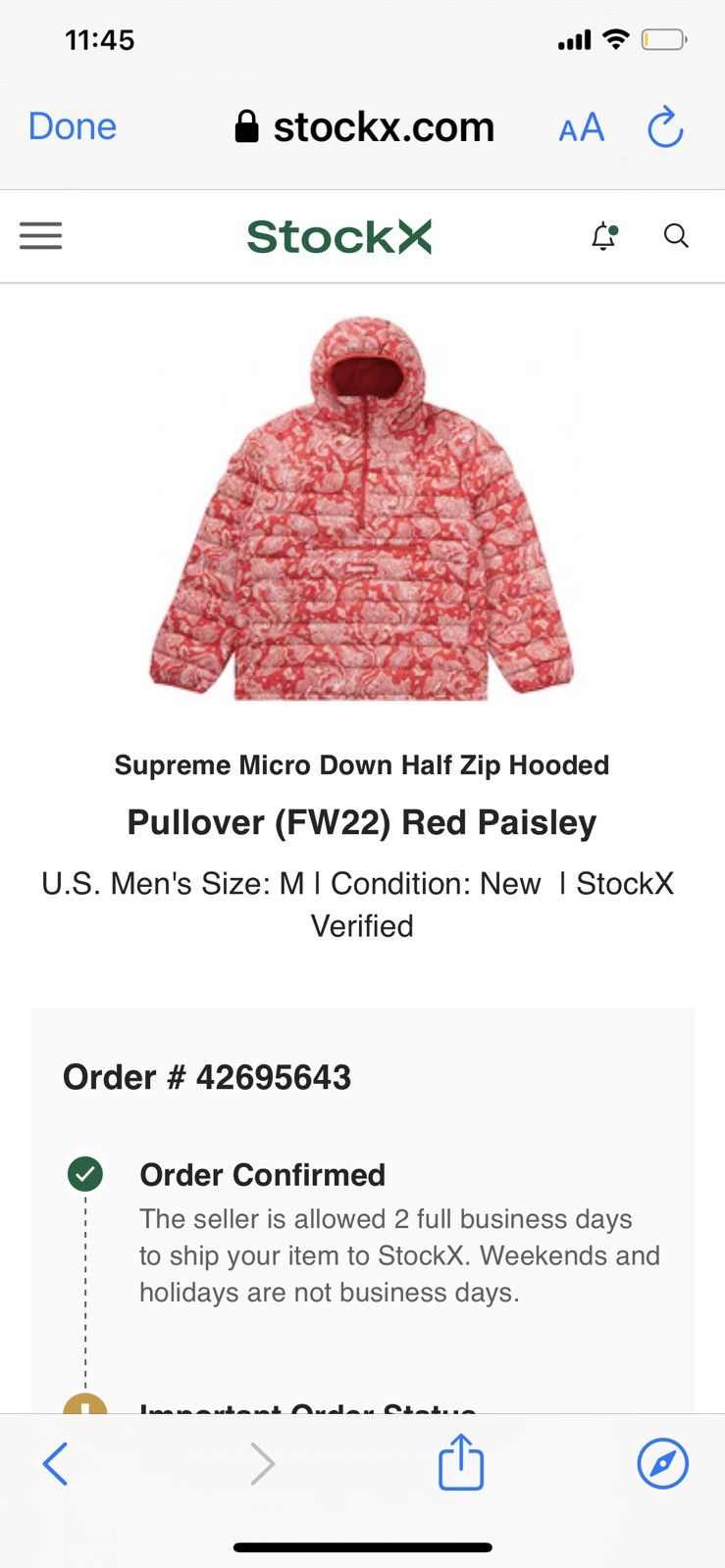 Supreme Supreme Micro Down Half Zip Hooded Pullover Size M 