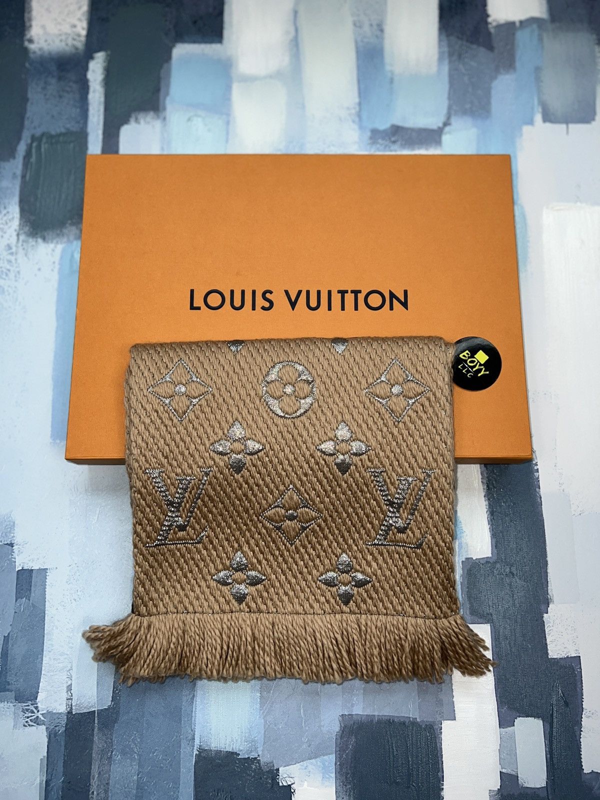 image of Louis Vuitton Logomania Scarf in Tan Mix, Women's