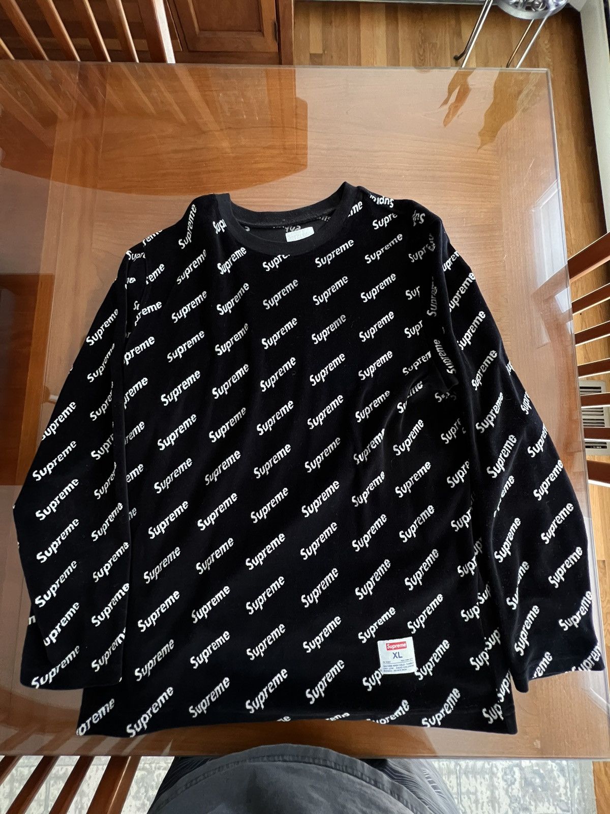 image of Supreme Velour Diagonal Logo L/s Top in Black, Men's (Size XL)