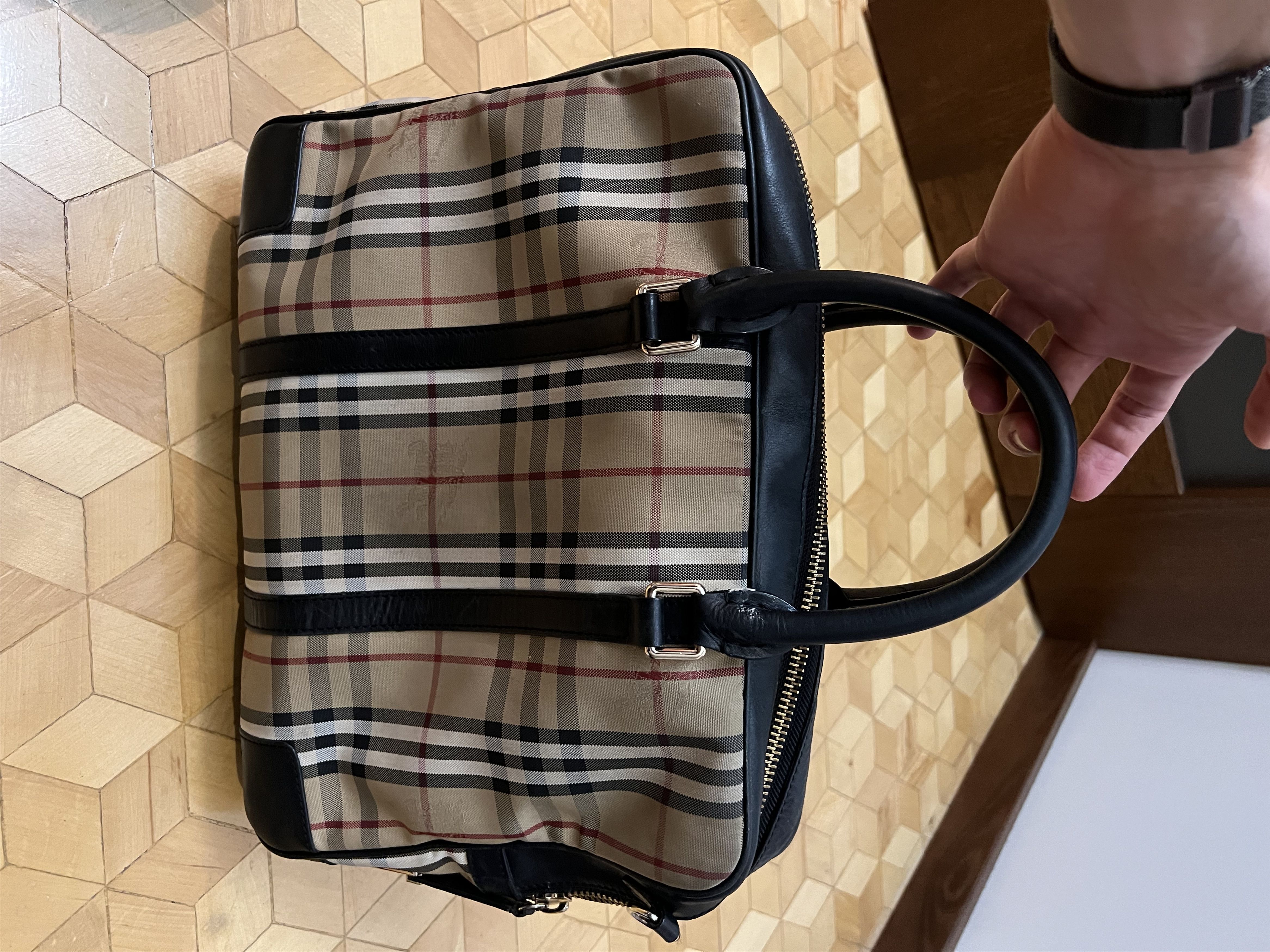 image of Burberry Nova Check Bag Briefcase Pattern Black Leather in Cream, Men's