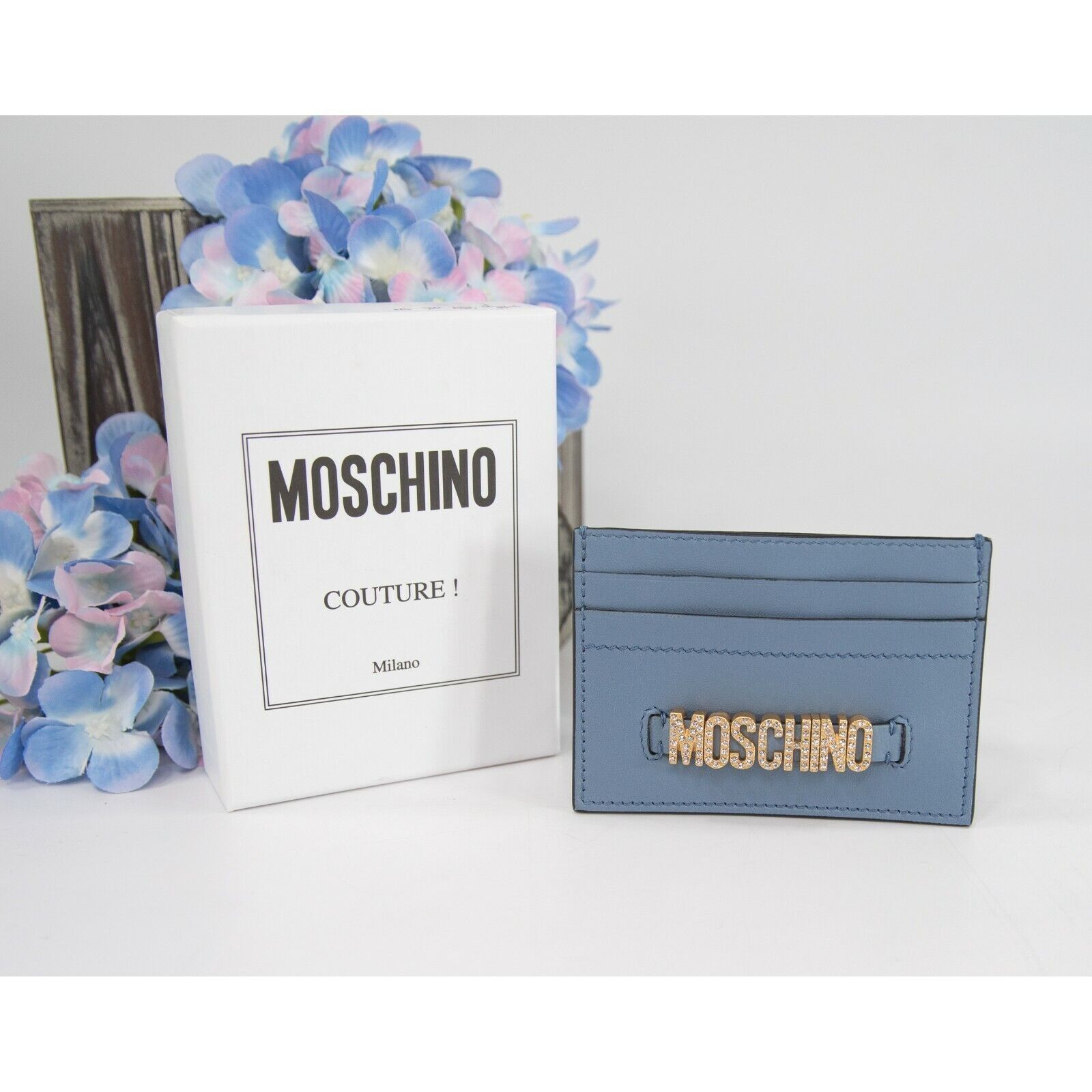 Moschino Couture Dust Blue Crystal Logo Leather Card Case
