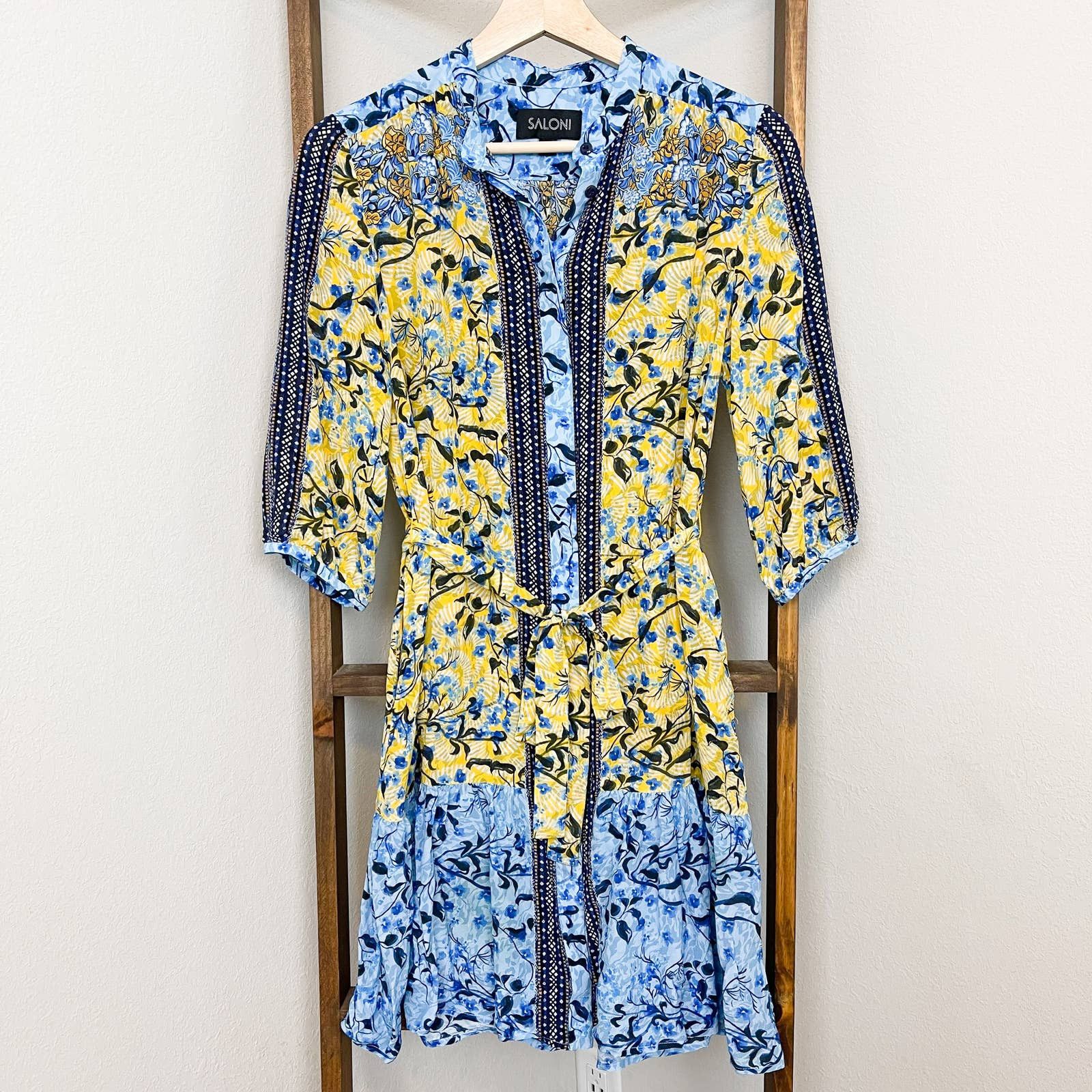 Saloni Saloni Silk Yellow and Blue Floral Button Down Mini Dress | Grailed