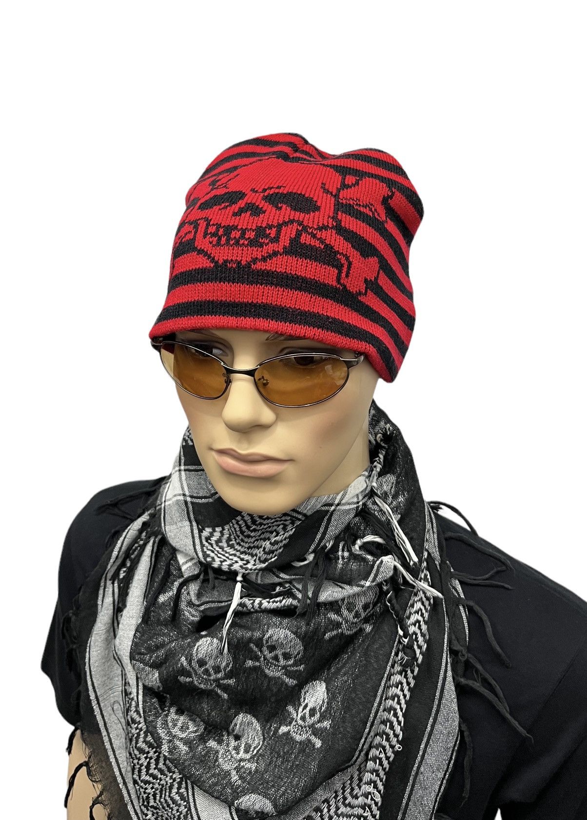 Vintage ☠️ Vintage Skull Crossbones Punk Stripes Beanie Size ONE SIZE - 2 Thumbnail