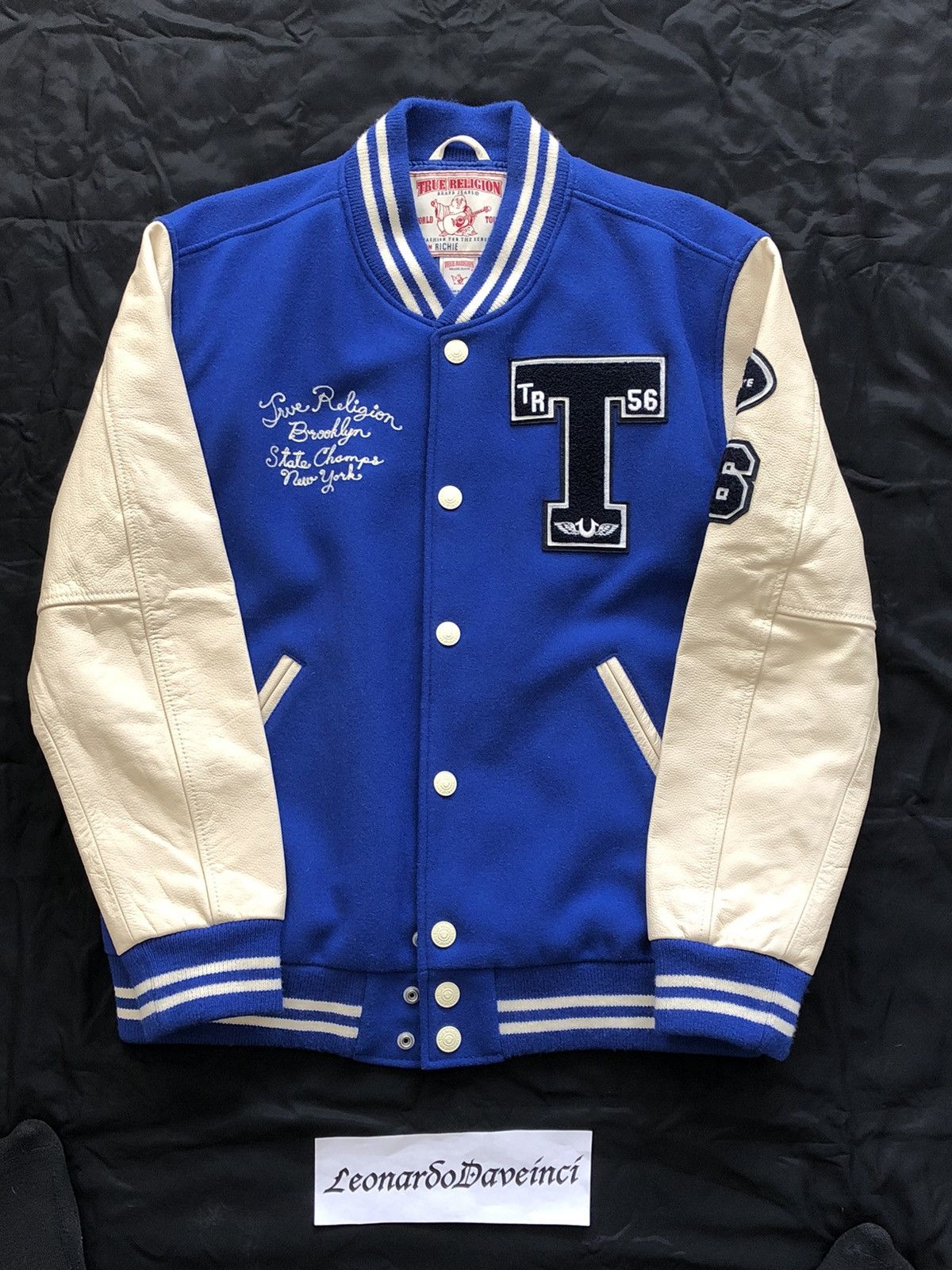 True Religion Braves NY Champs Brooklyn Black White 56 online Leather Varsity Jacket