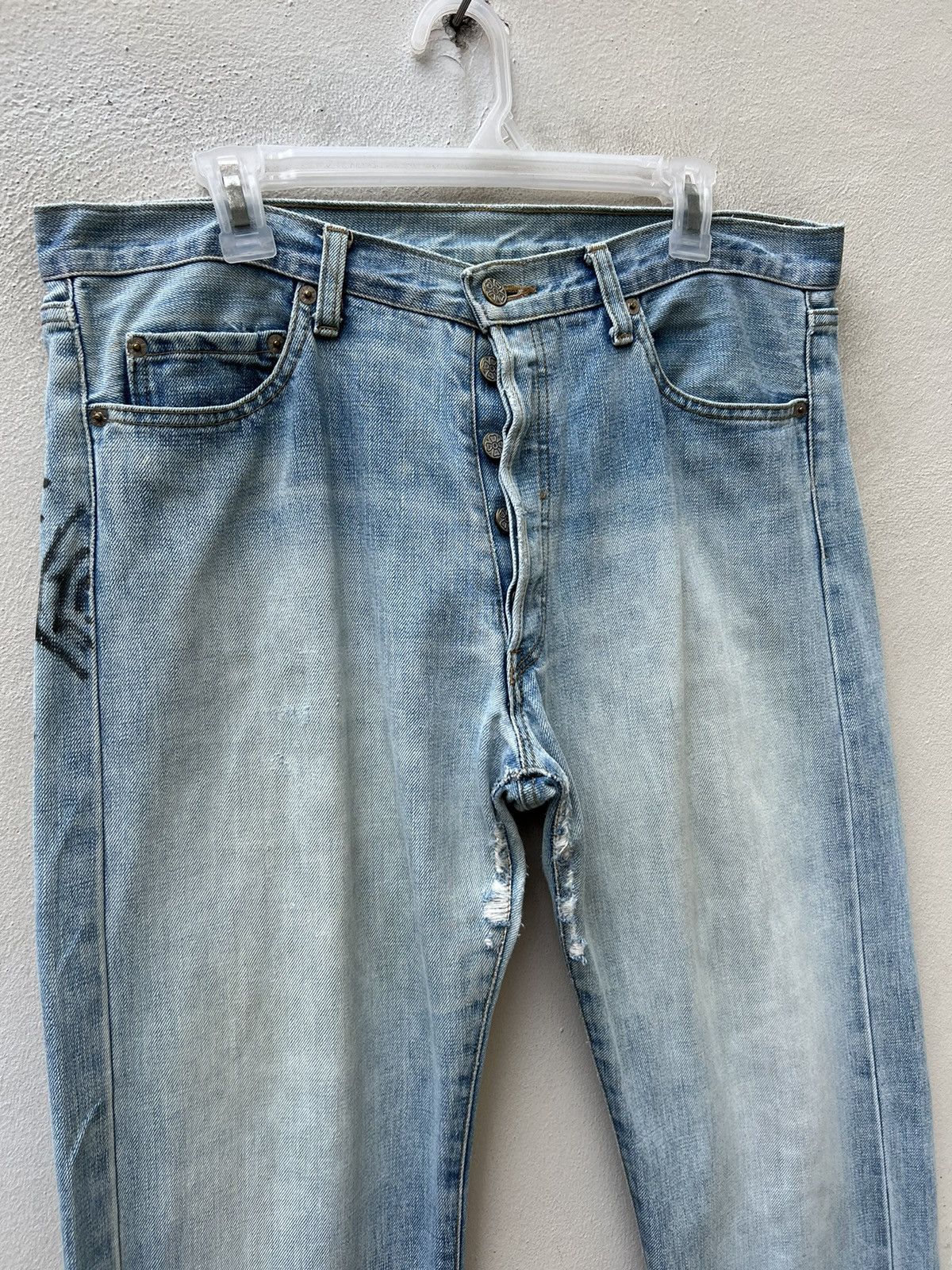 Vintage 90s Ozone Rocks Japan Fade Denim Big Straight Trashed Jeans Size US 34 / EU 50 - 7 Thumbnail