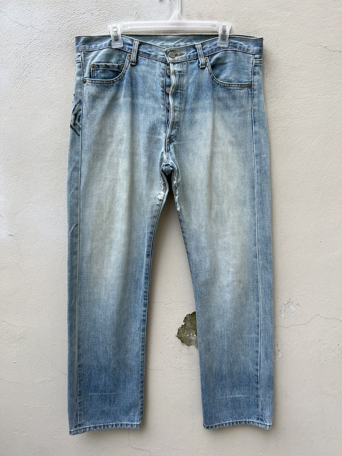 Vintage 90s Ozone Rocks Japan Fade Denim Big Straight Trashed Jeans Size US 34 / EU 50 - 6 Thumbnail