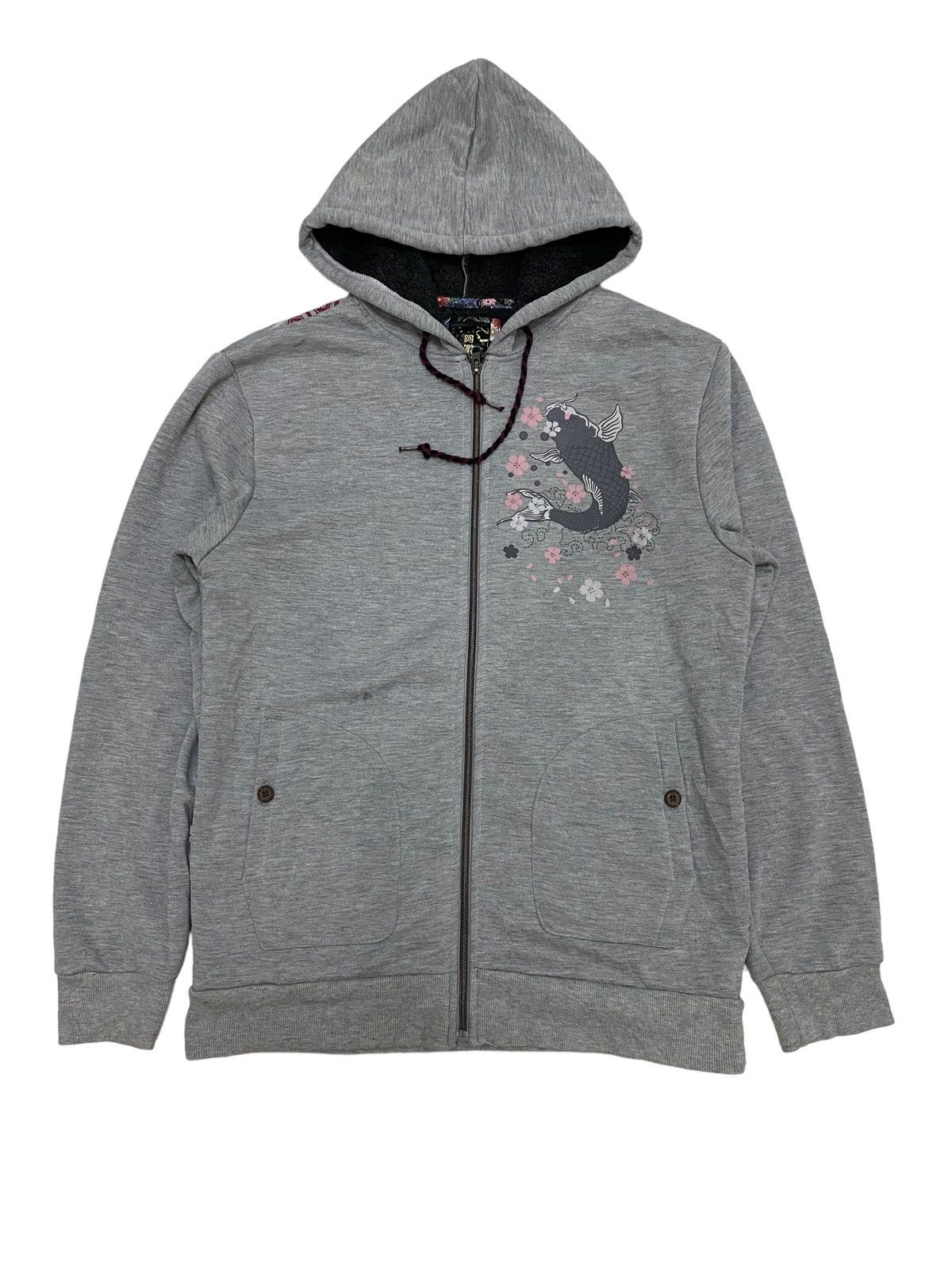 Image of Art Comes First Japanese Fish And Dragon Printed Art Hoodie in Grey, Men's (Size Small)