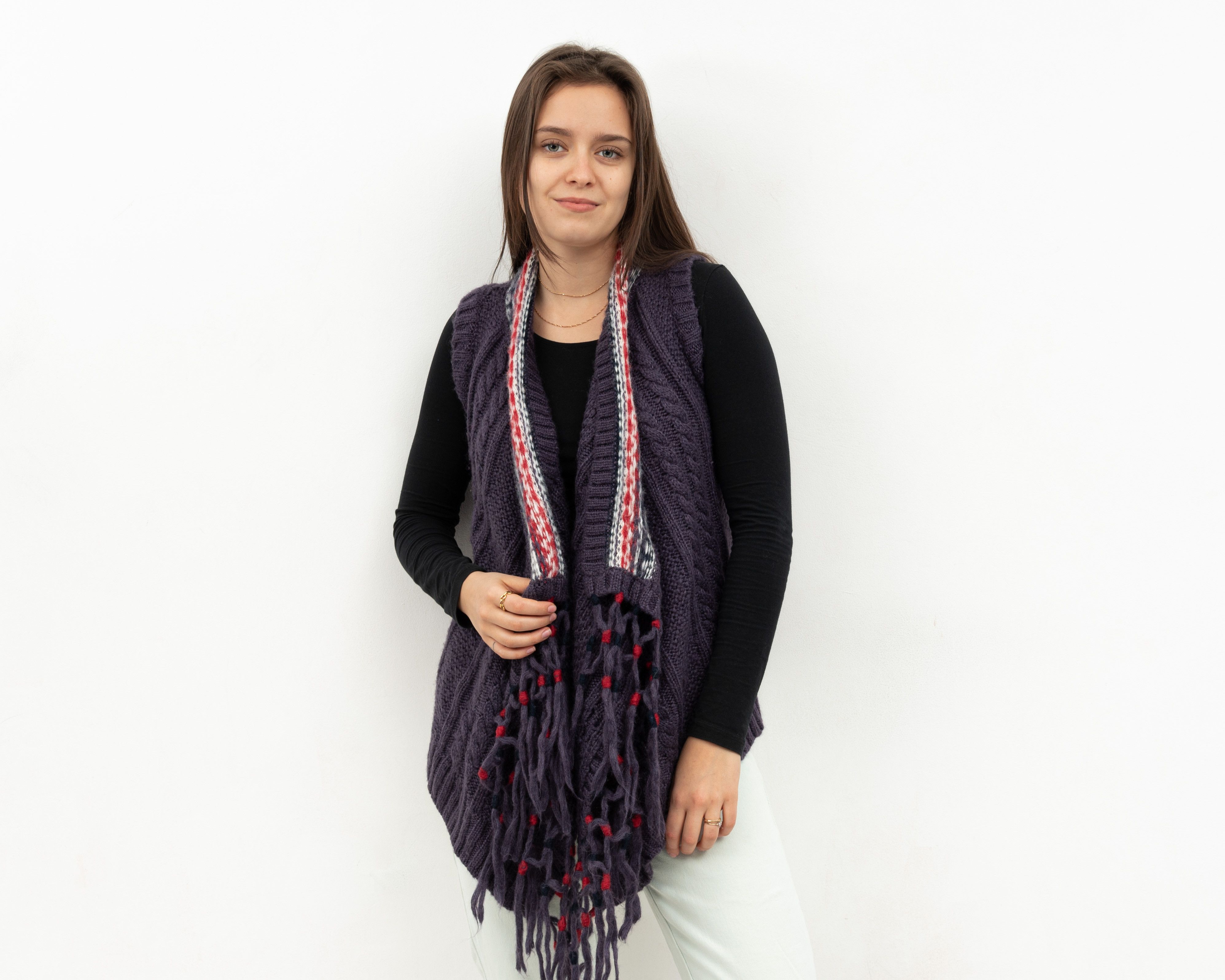 Other × Vintage Wool Vest Tank Gilet Cardigan Waistcoat Fringe Winter Warm Size S / US 4 / IT 40 - 2 Thumbnail