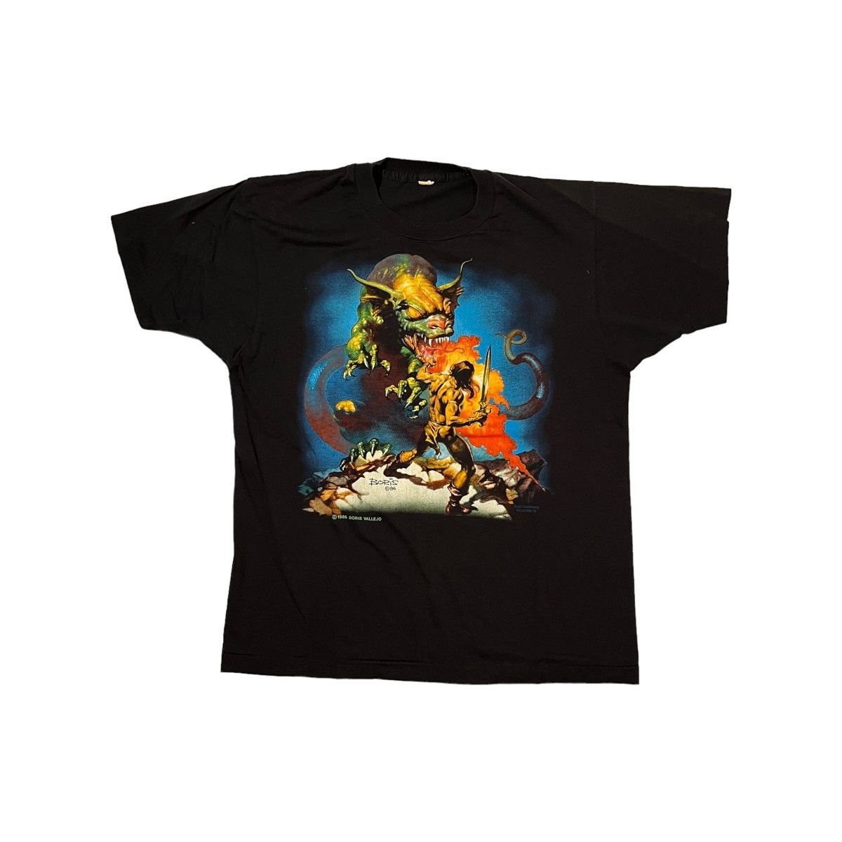 image of Art x Screen Stars 1986 Boris Vallejo Dragon Slayer Tee in Black, Men's (Size Large)
