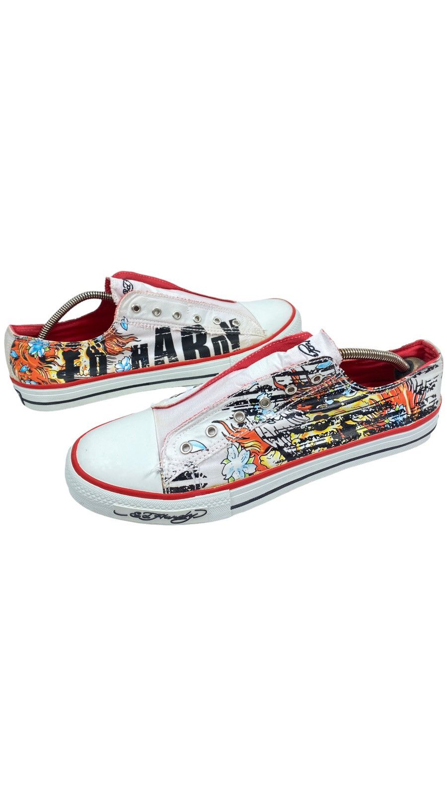image of Ed Hardy x Vintage 1 Size 45 Skull Flowers Low Slip-Ons Sneakers in White, Men's