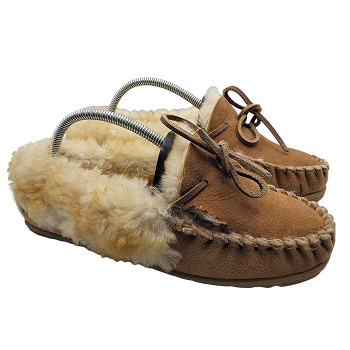 L.L. Bean LL Bean Slippers Wicked Good Moccasin Shearling Lining Brown