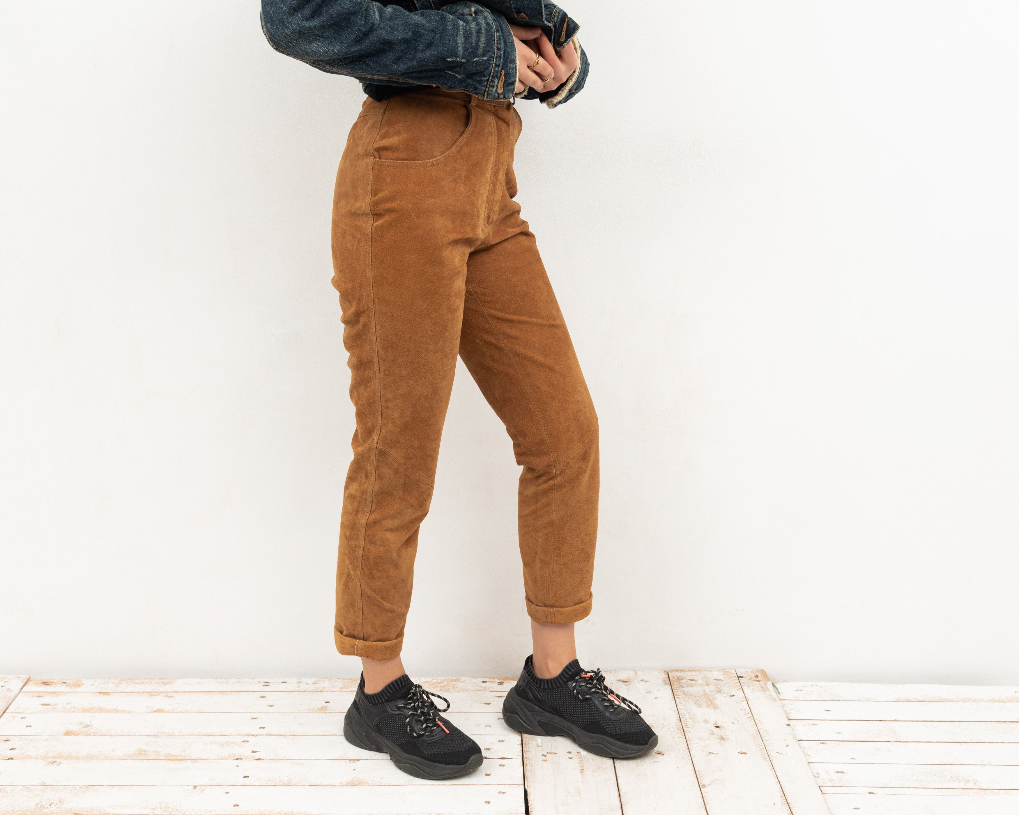 Other × Vintage Genuine US 4 Suede UK 8 Leather High Waisted Trousers Pants Size 27" / US 4 / IT 40 - 2 Thumbnail