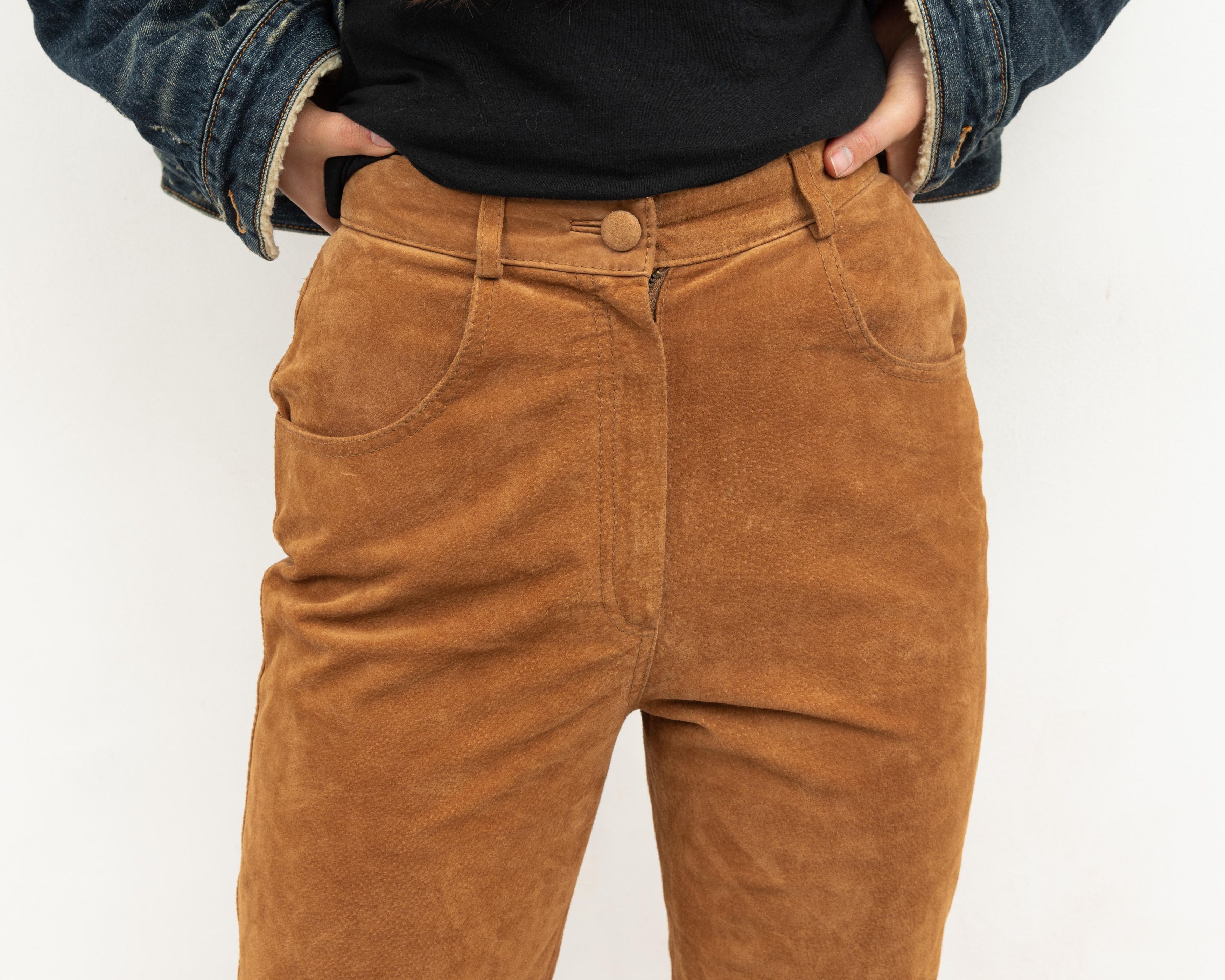 Other × Vintage Genuine US 4 Suede UK 8 Leather High Waisted Trousers Pants Size 27" / US 4 / IT 40 - 3 Thumbnail