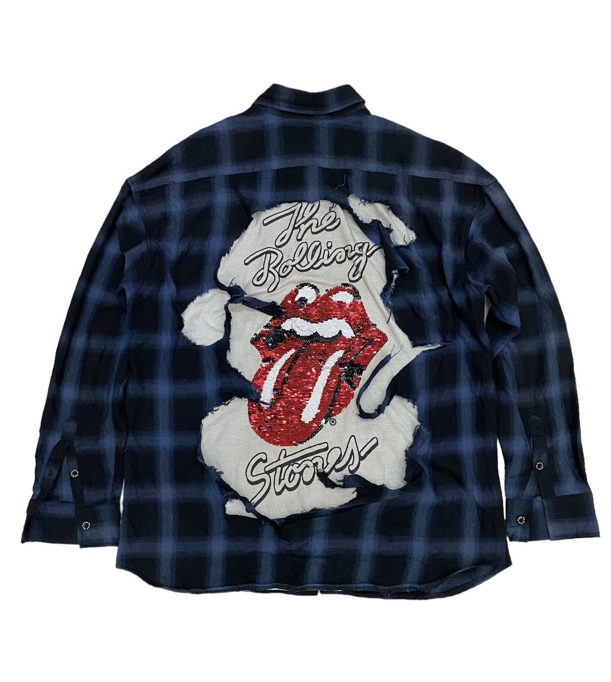image of Rock Band The Rolling Stones Distressed Style Flannel in Checkered, Men's (Size Large)