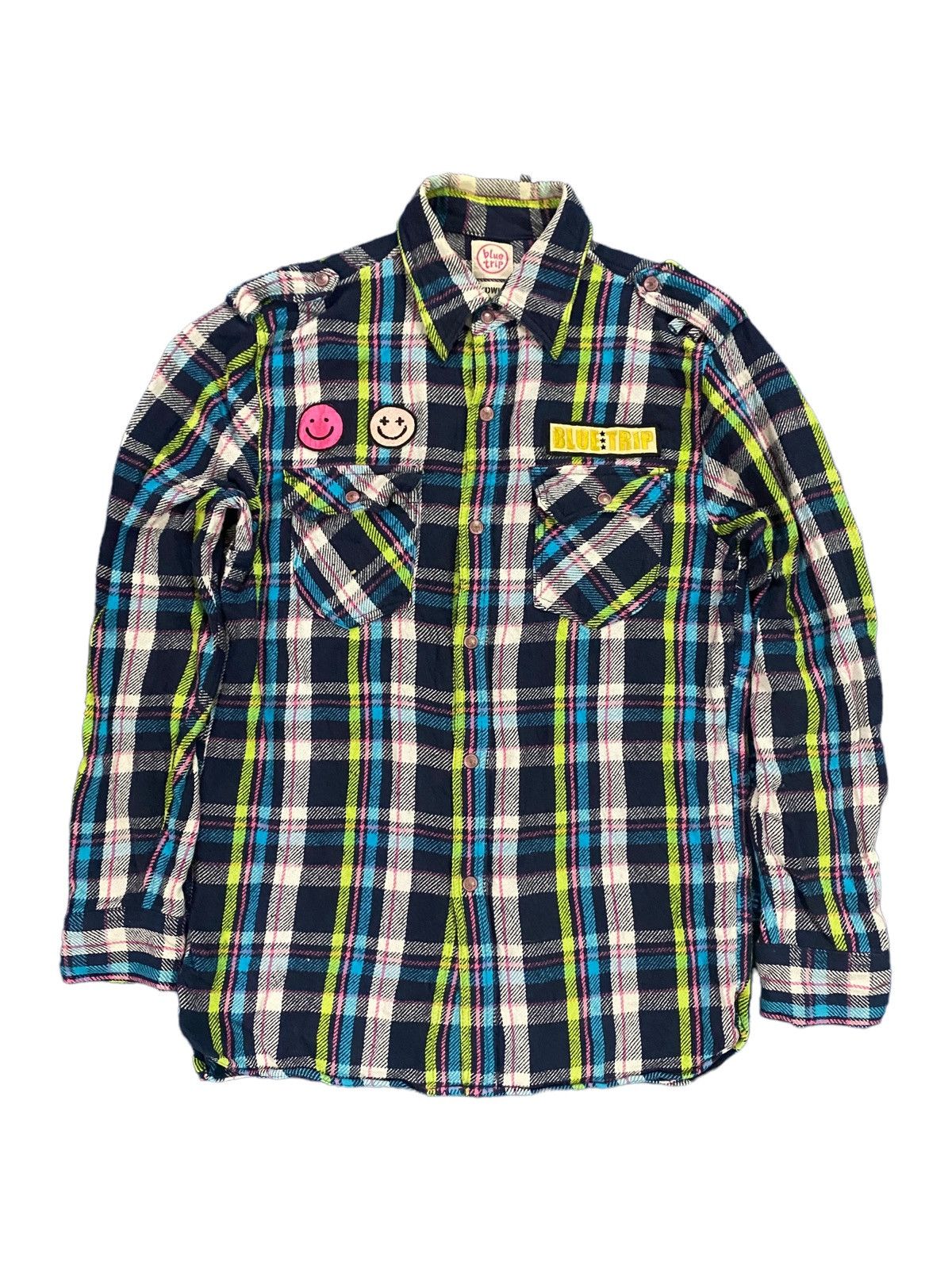 image of Archival Clothing x Edwin Vintage Blue Trip X Edwin Flannel Smile Patches Button Shirt, Women's (Si