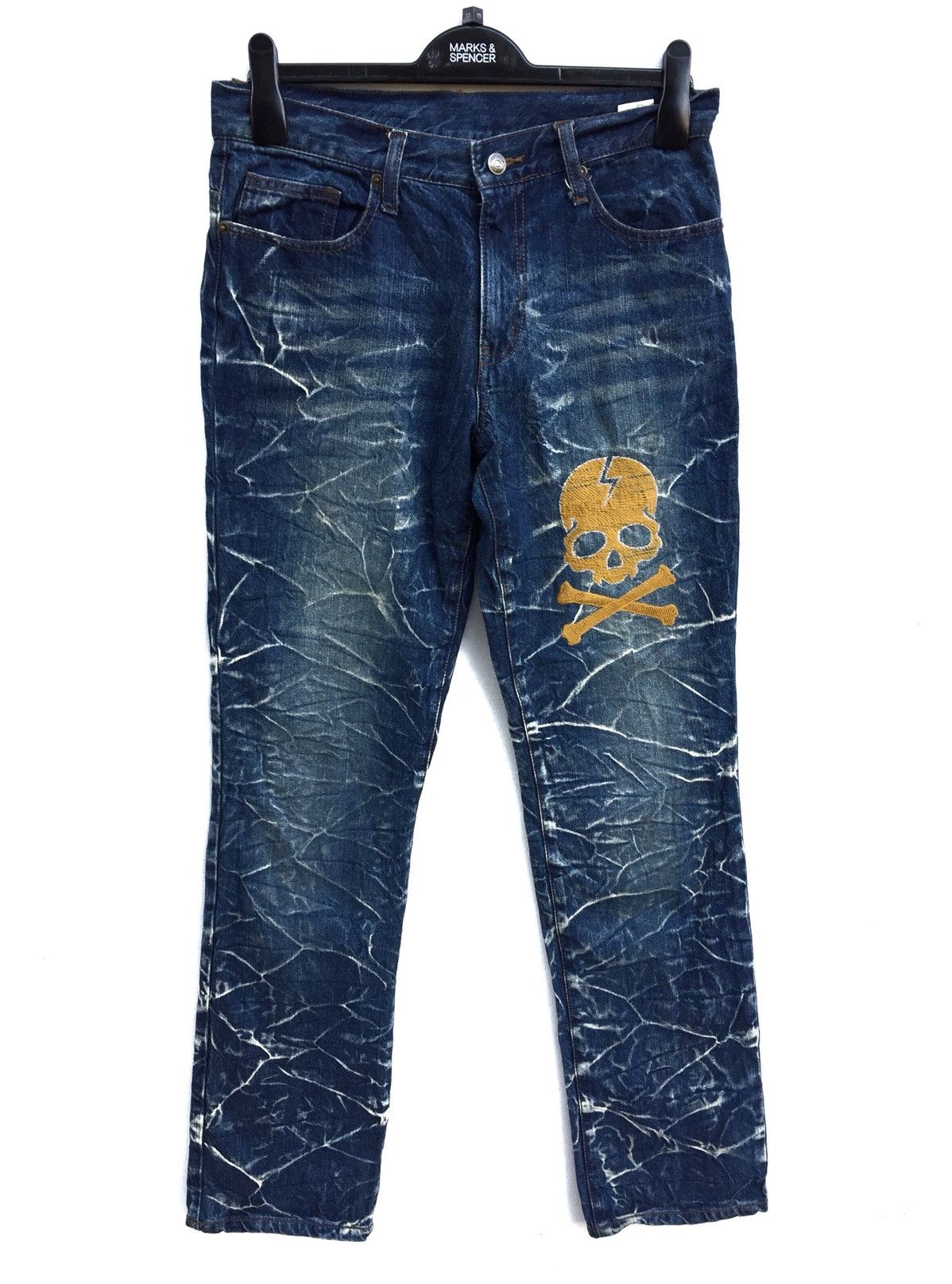 image of Skulls Sunlucas Distressed Cross Bones Jeans in Blue Distressed, Men's (Size 30)