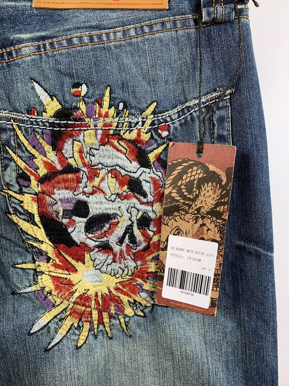 NWT Ed Hardy Christian Audigier Embroidered Skull Denim Pant