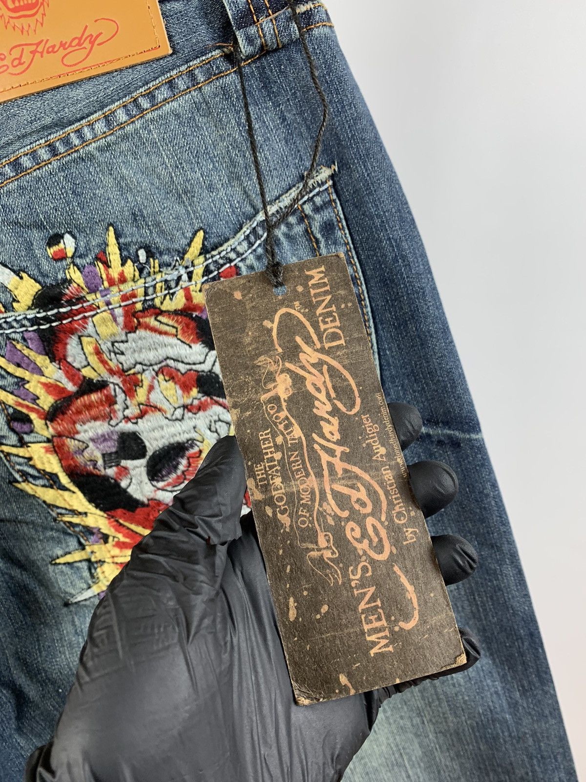 NWT Ed Hardy Christian Audigier Embroidered Skull Denim Pant