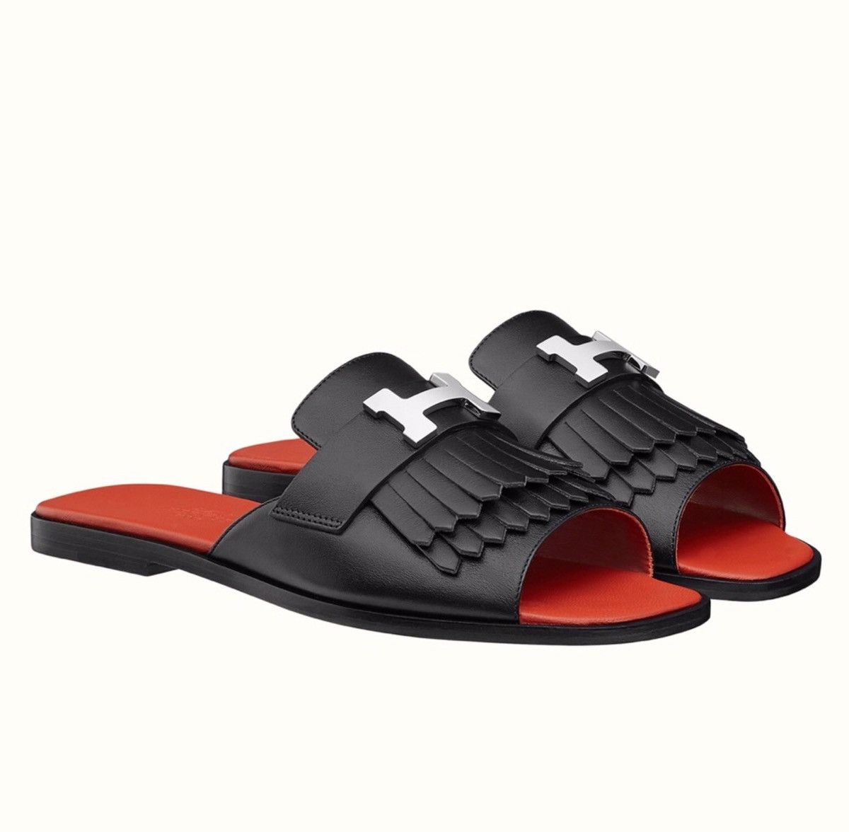 Hermes H Logo Auteuil Fringe Leather Slides