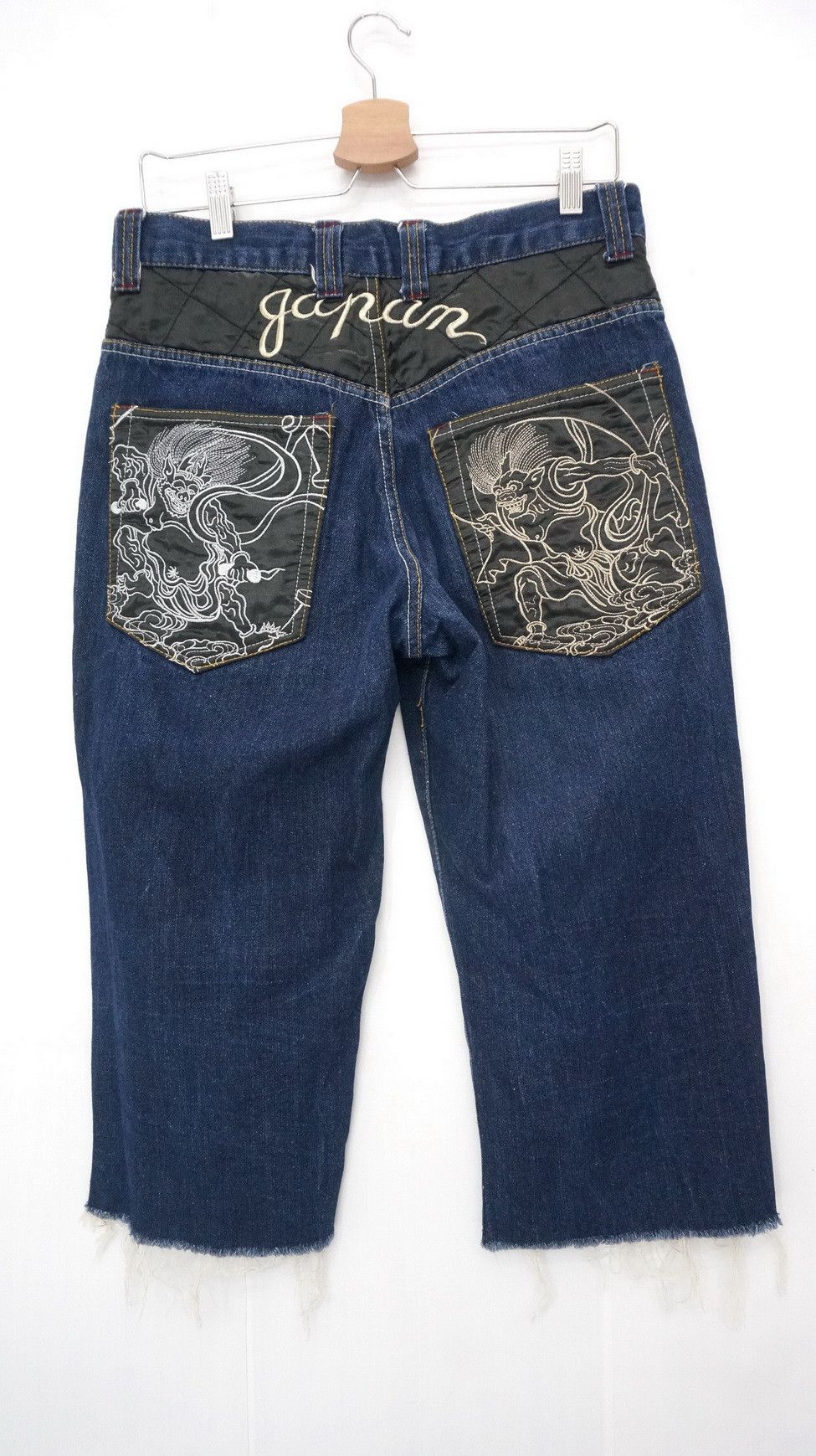 image of Sukajan Souvenir Jacket Fujin & Raijin Sukajan Japan Embroidered Shorts Denim in Denim Blue (Size 3
