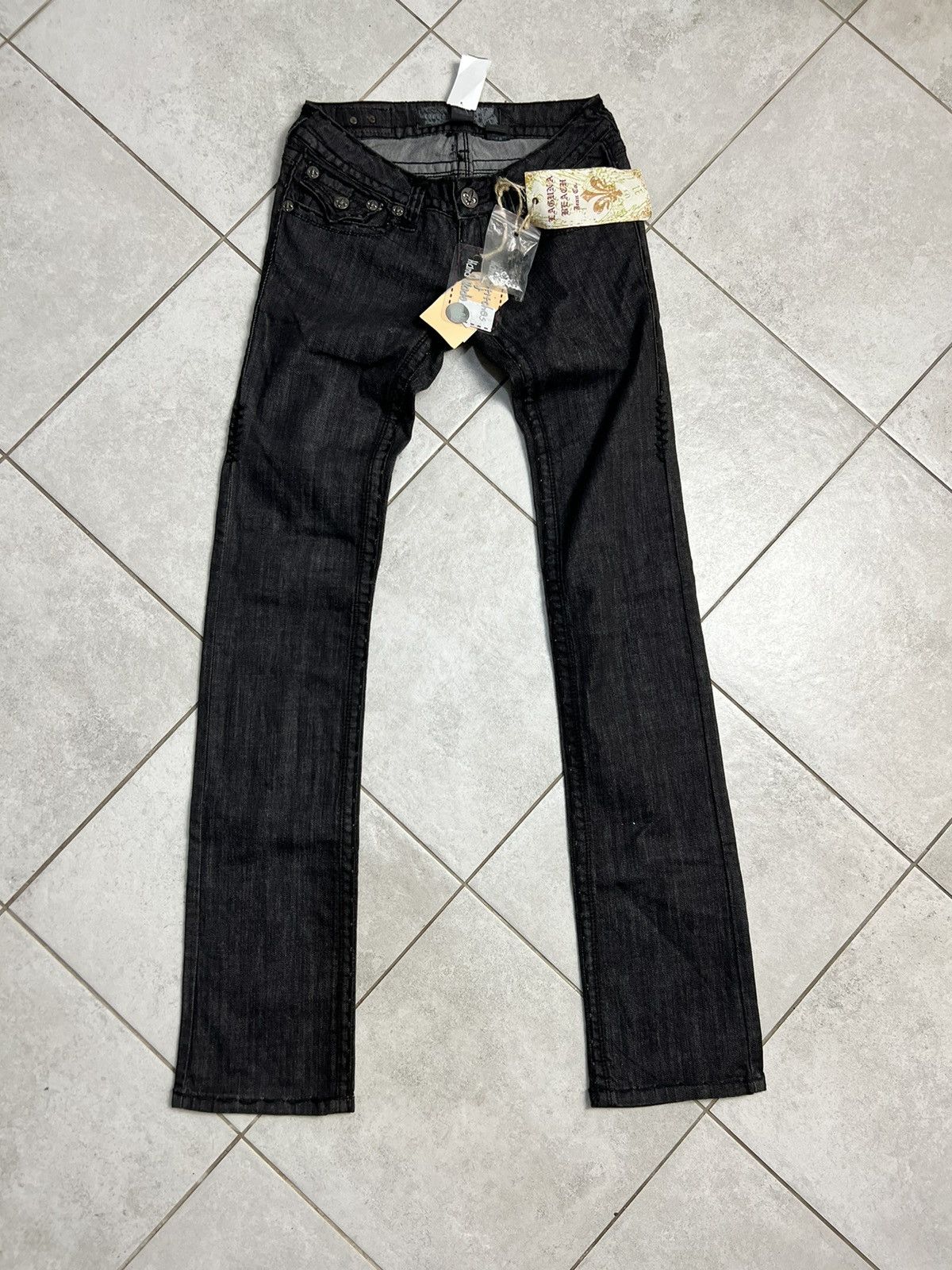 Rock Revival Rare Laguna Beach Jeans Y2K Skulls Waxed Denim Pants 27 NEW Size 27" / US 4 / IT 40 - 3 Thumbnail