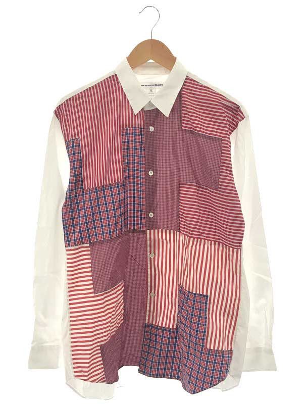Shirt White x Red Patchwork Design Long Sleeve
