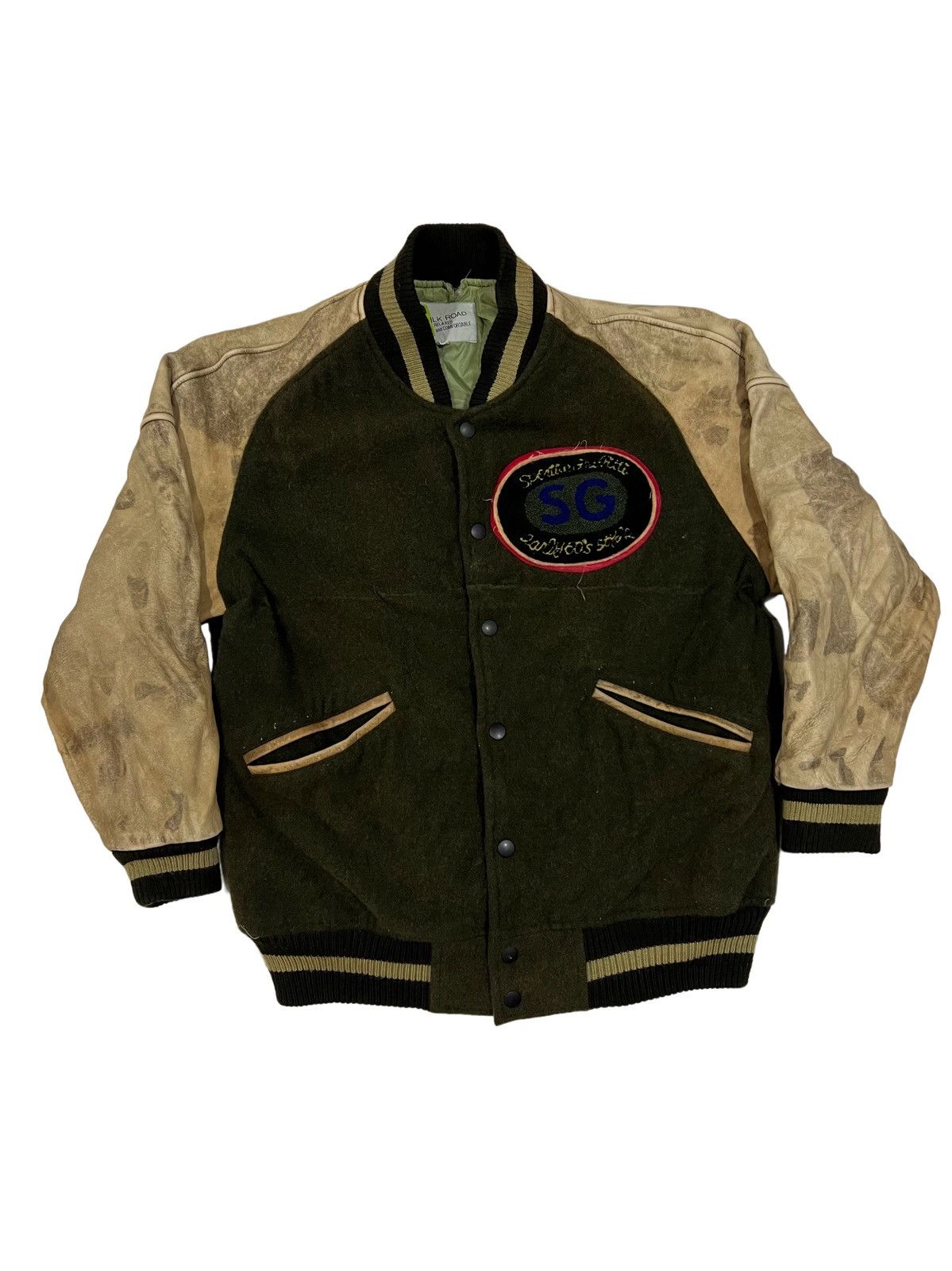image of Archival Clothing x Leather Vintage Rusty Fade Sporting Gravity Leather Varsity Jacket in Green (Si