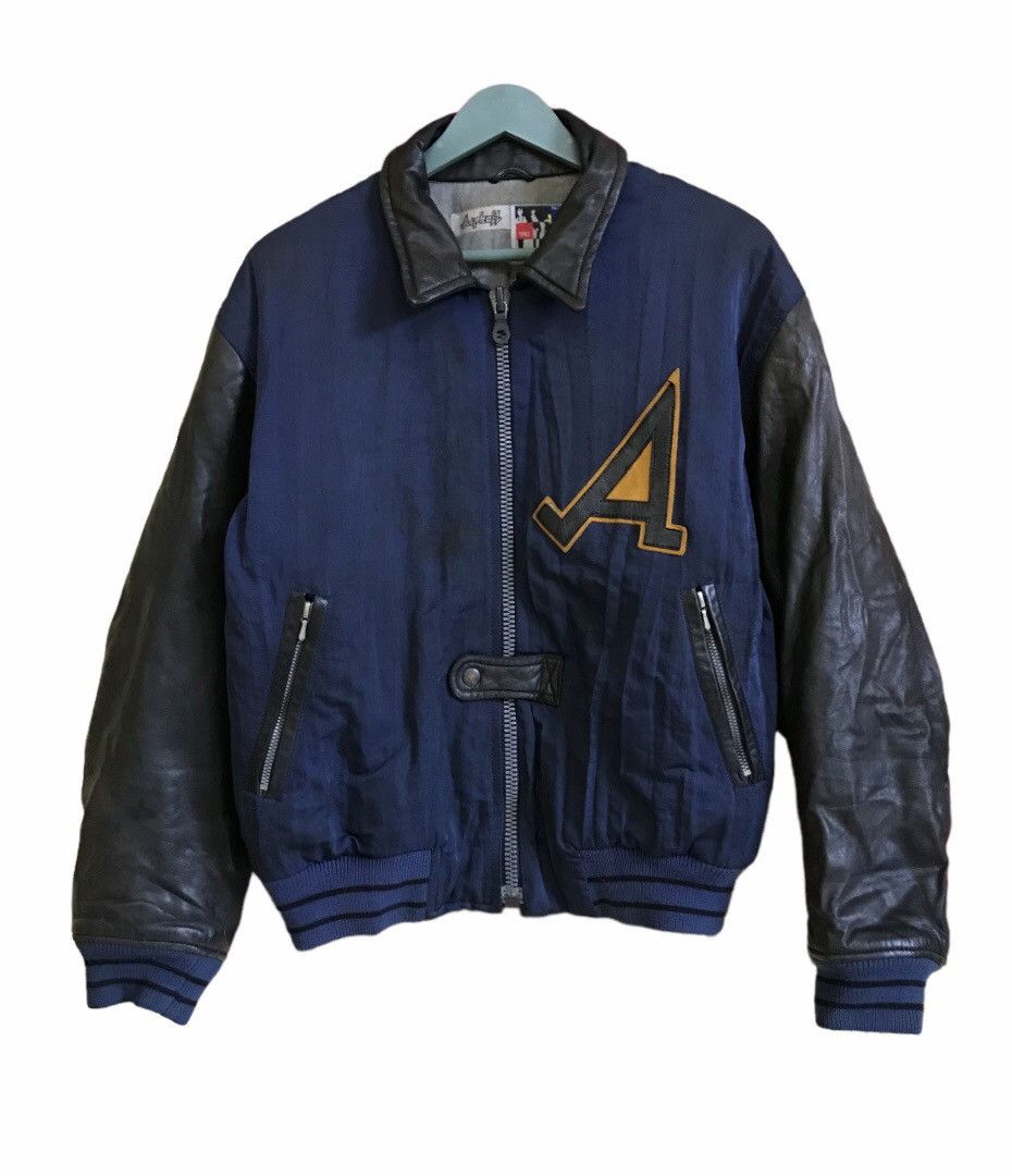 Vintage Asphalt Leather Sleeve Zipped Varsity Jacket
