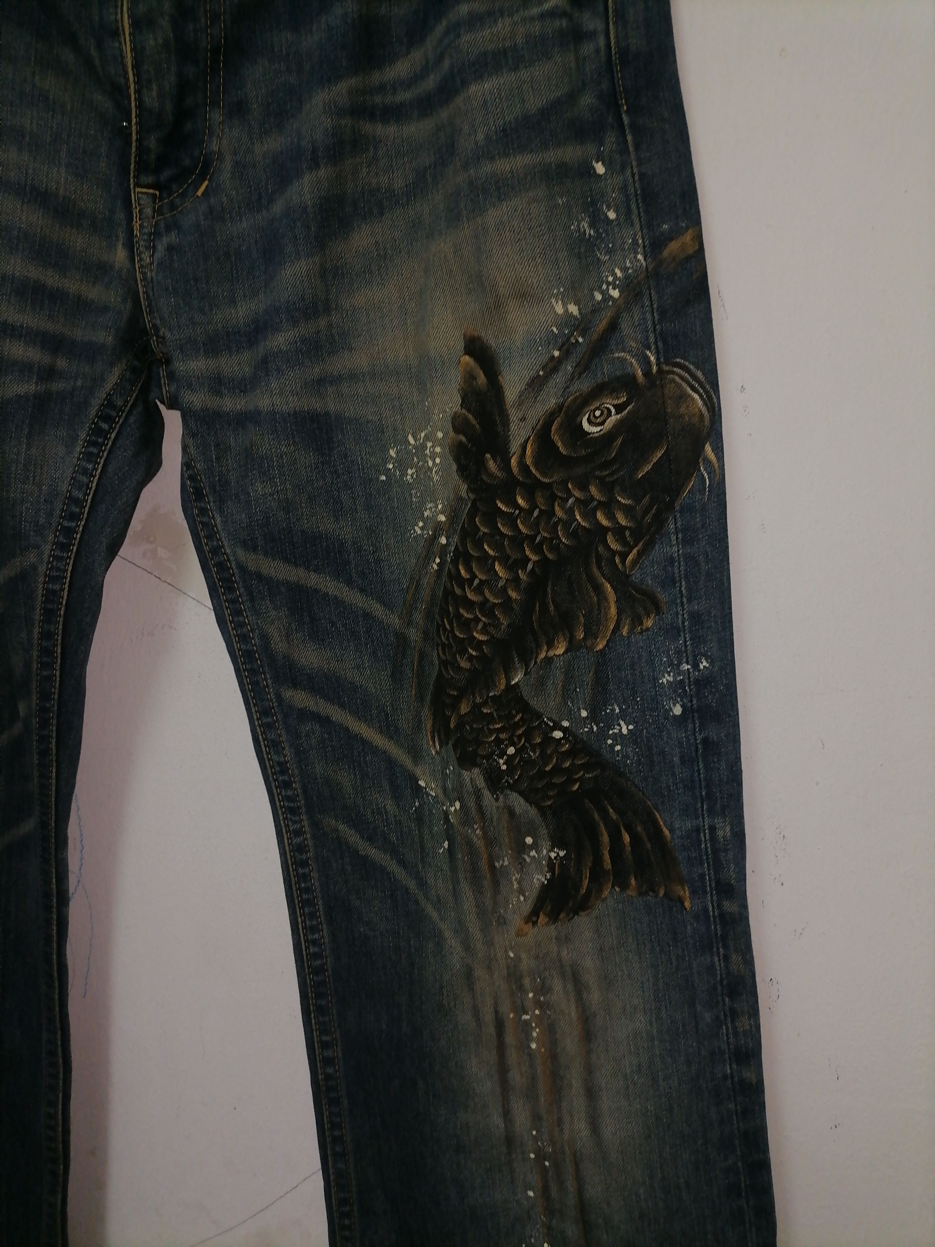Beauty Beast × If Six Was Nine Rare Naminori Tatsujin Paint Koi Fish Jeans Size US 36 / EU 52 - 3 Thumbnail