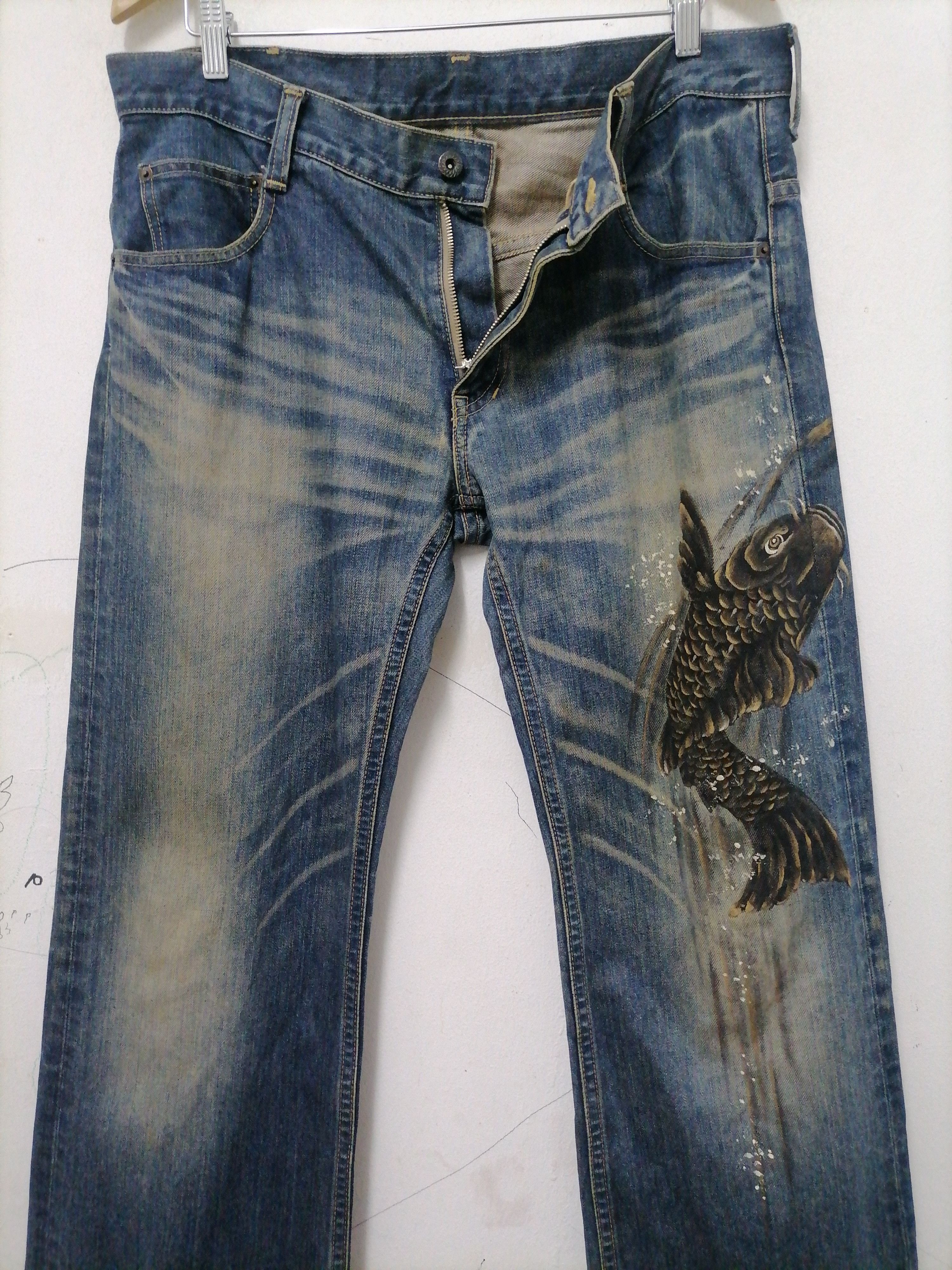 Beauty Beast × If Six Was Nine Rare Naminori Tatsujin Paint Koi Fish Jeans Size US 36 / EU 52 - 2 Thumbnail