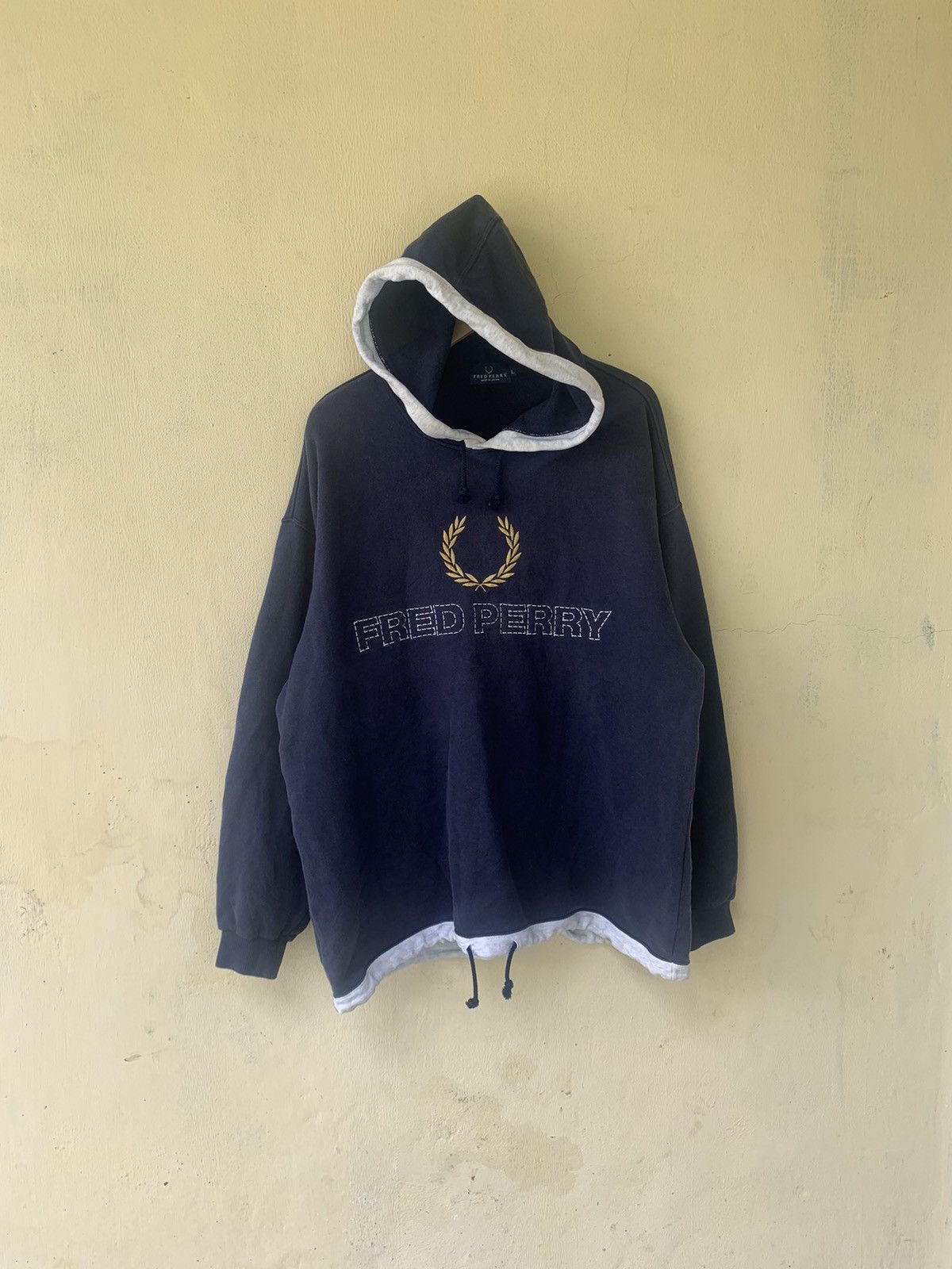 image of 90's Fred Perry Hoodie in Navy Blue, Men's (Size Large)