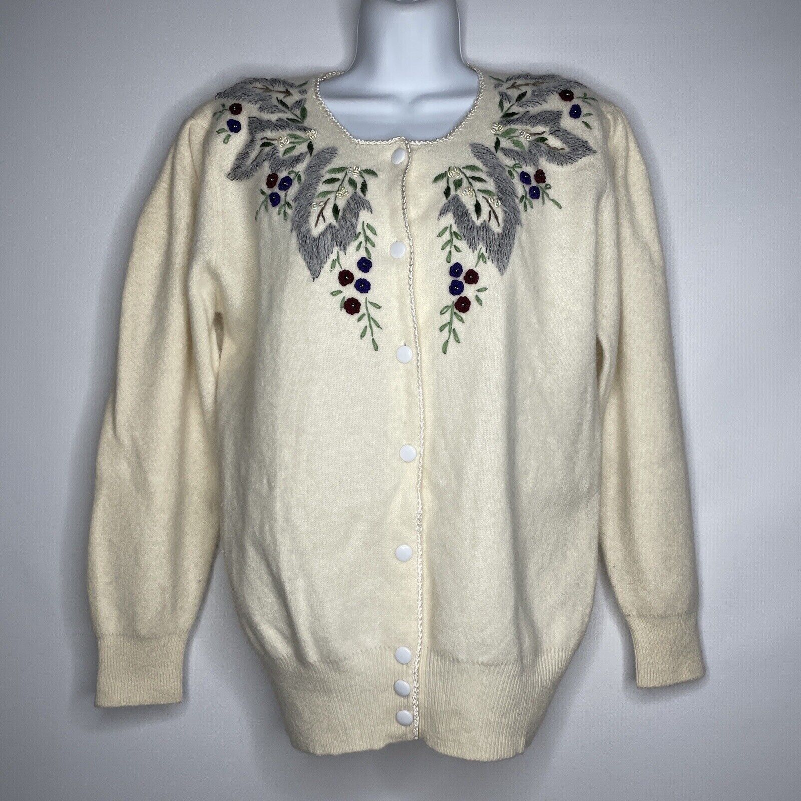 Vintage 80s Ivory Floral Embroidered Beaded Fuzzy Cardigan Sweater Size L / US 10 / IT 46 - 1 Preview