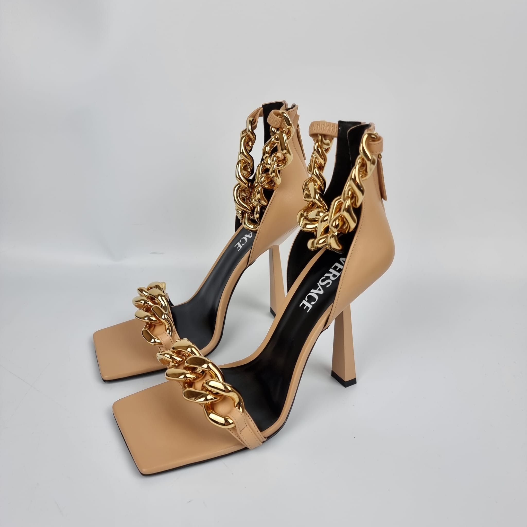 Versace 110mm Beige Gold Chain Strap Sandals New FW22