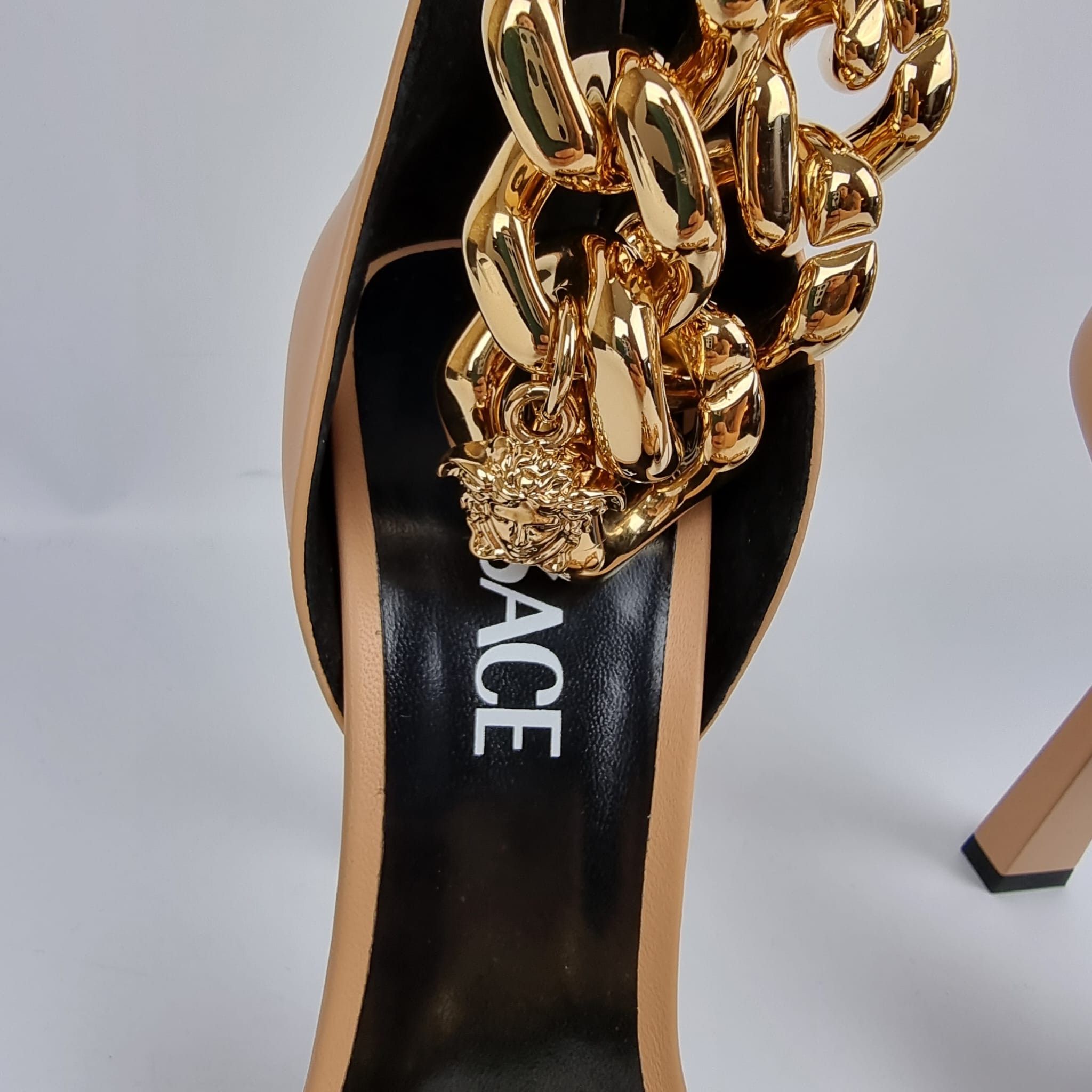 Versace 110mm Beige Gold Chain Strap Sandals New FW22