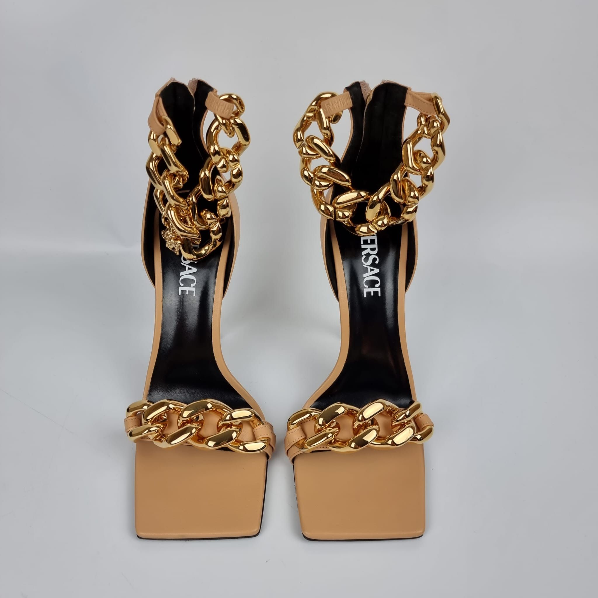 Versace 110mm Beige Gold Chain Strap Sandals New FW22