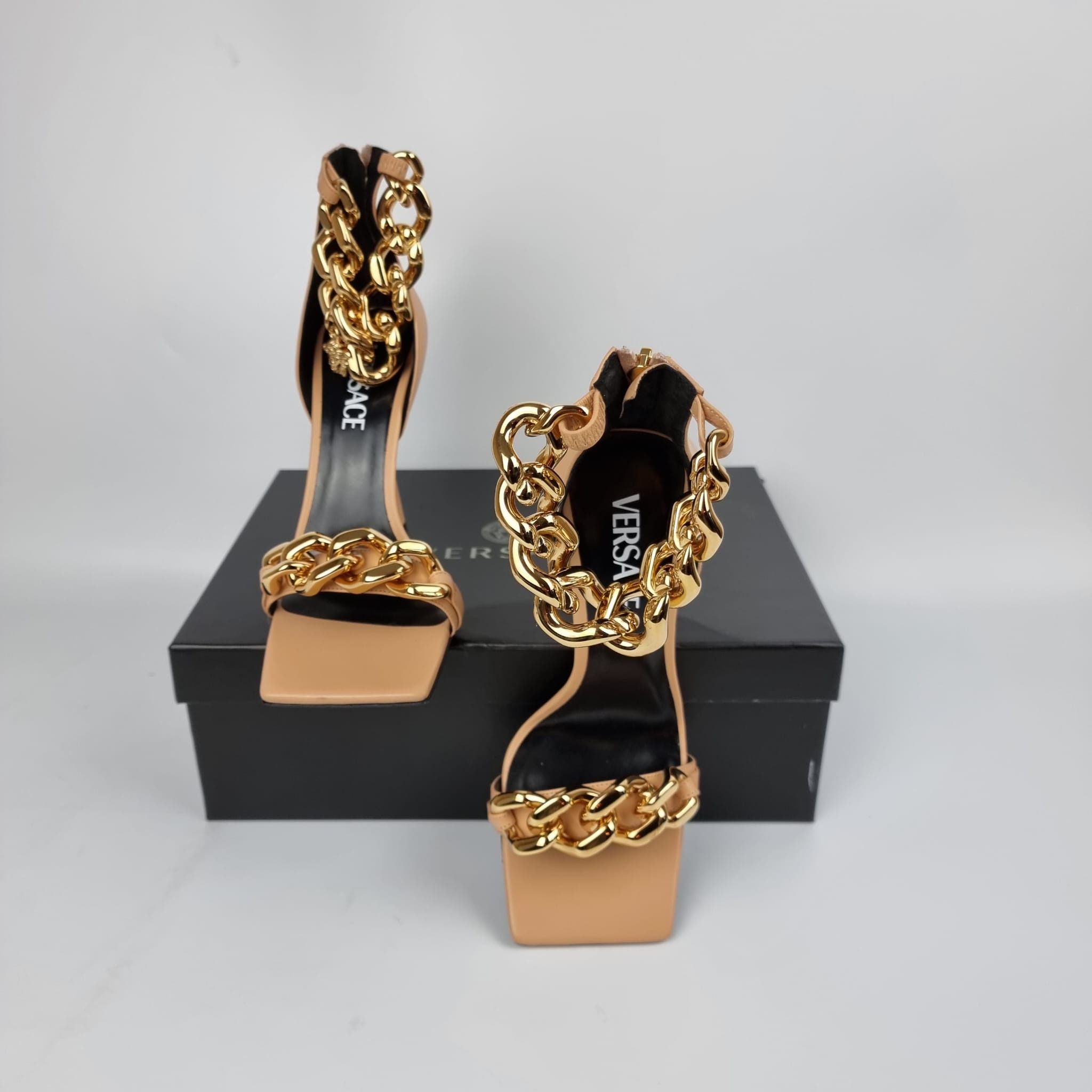 Versace 110mm Beige Gold Chain Strap Sandals New FW22