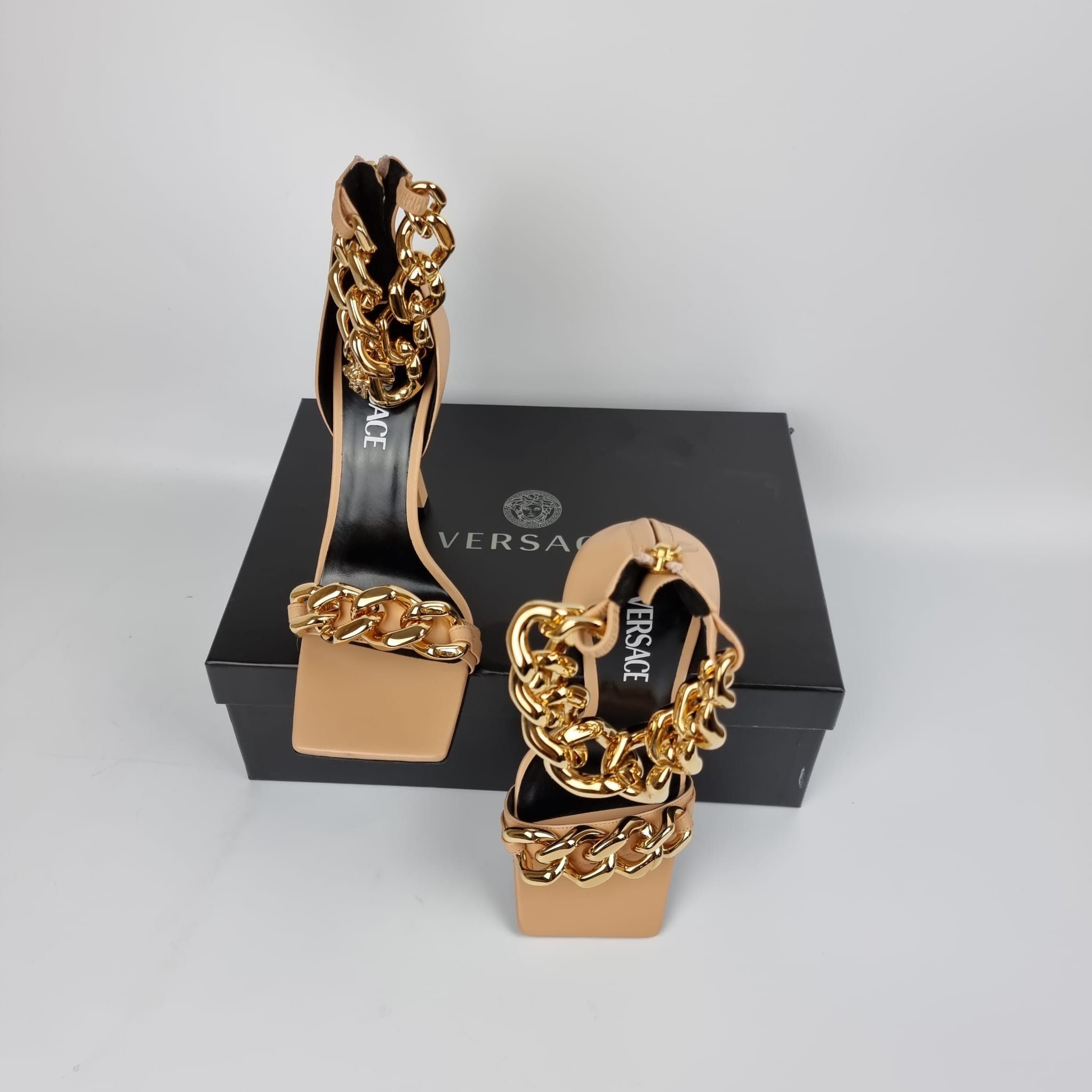 Versace 110mm Beige Gold Chain Strap Sandals New FW22
