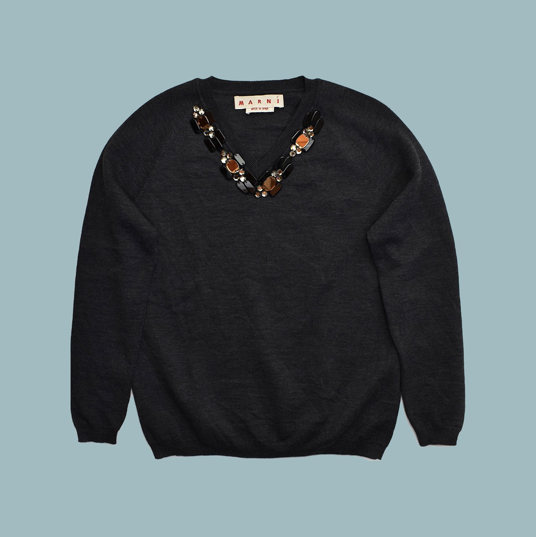 BNWOT MARNI 100% Virgin Wool Crystal V Neck Sweater