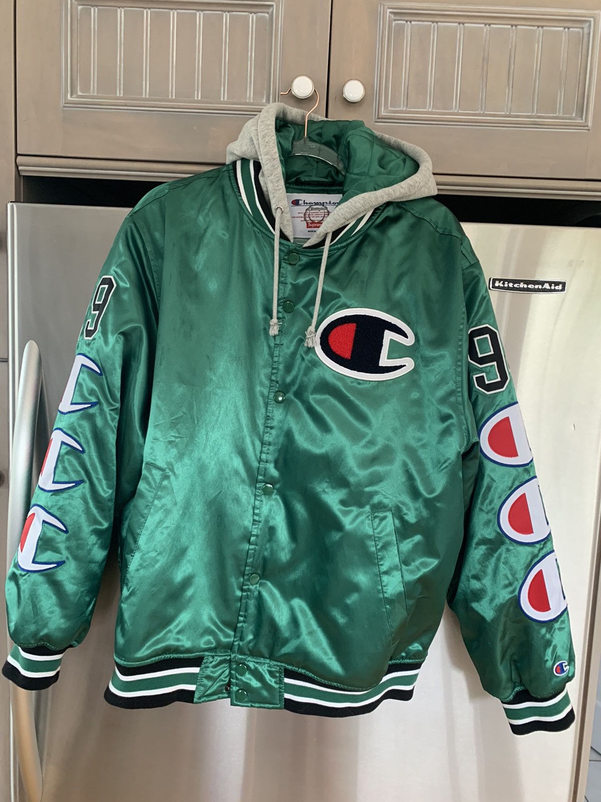 Supreme SUPREME x CHAMPION HOODED SATIN VARSITY JACKET GREEN | Grailed