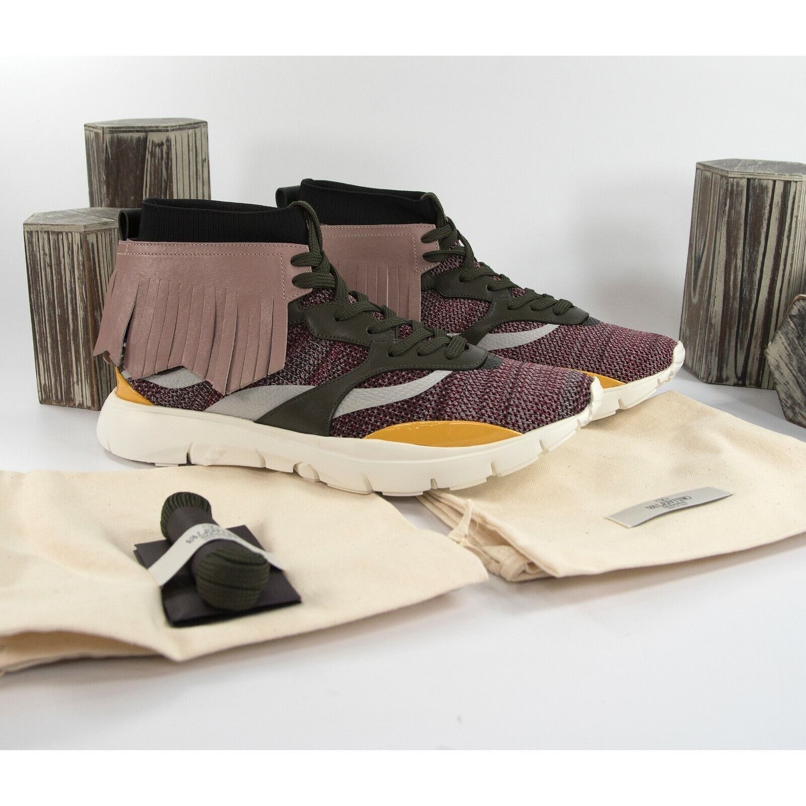 Valentino Garavani Mens Leather Fringe High Top Sneakers