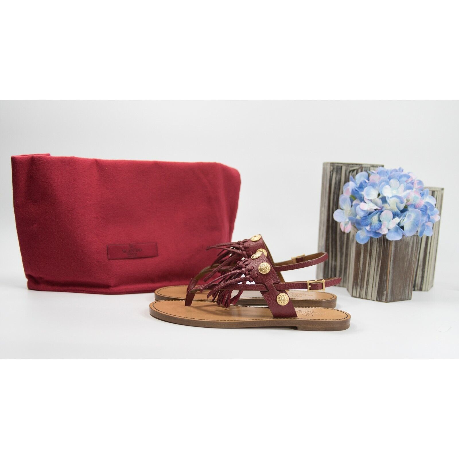 Valentino Scarlet Red Fringe Leather Medallion Flat Sandal