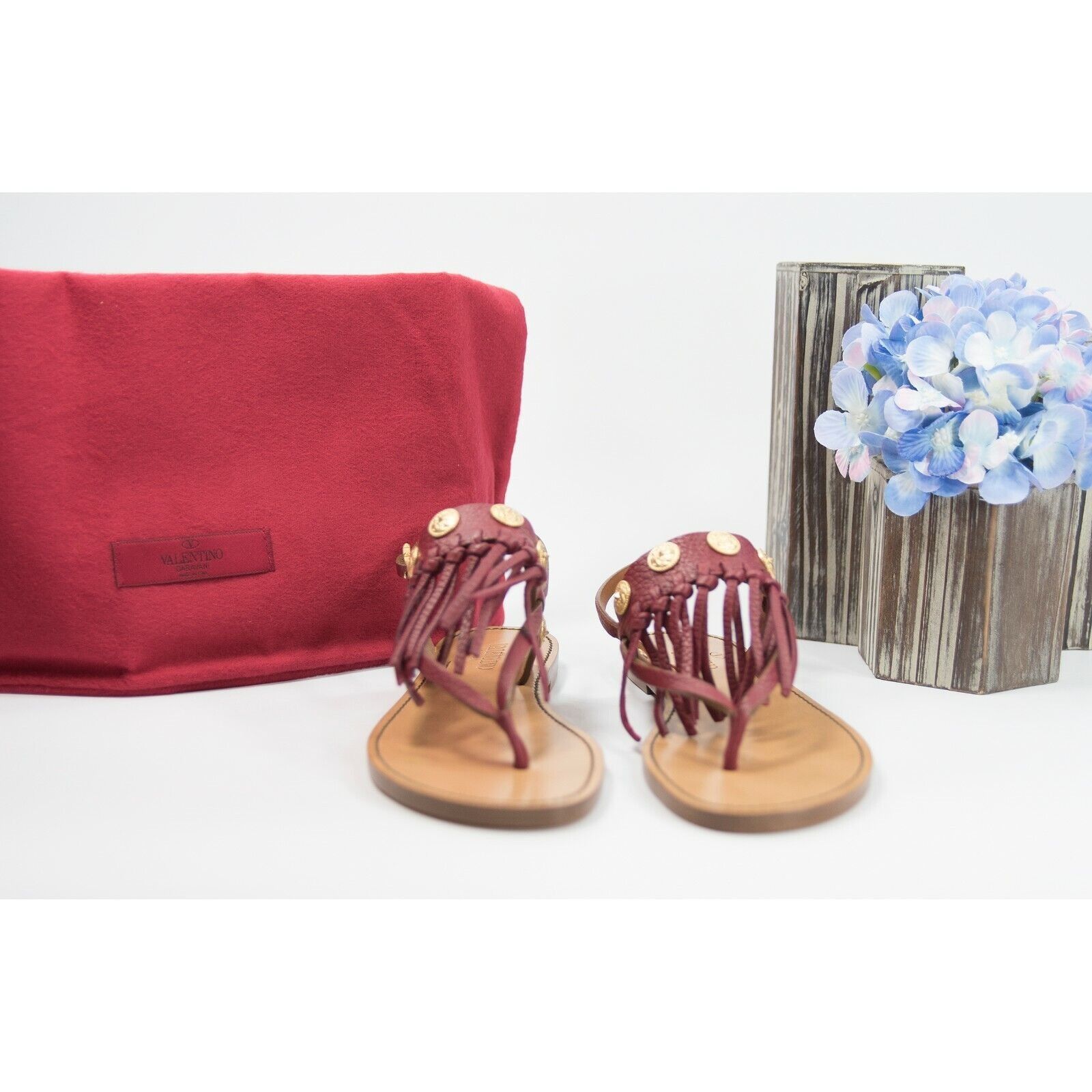 Valentino Scarlet Red Fringe Leather Medallion Flat Sandal