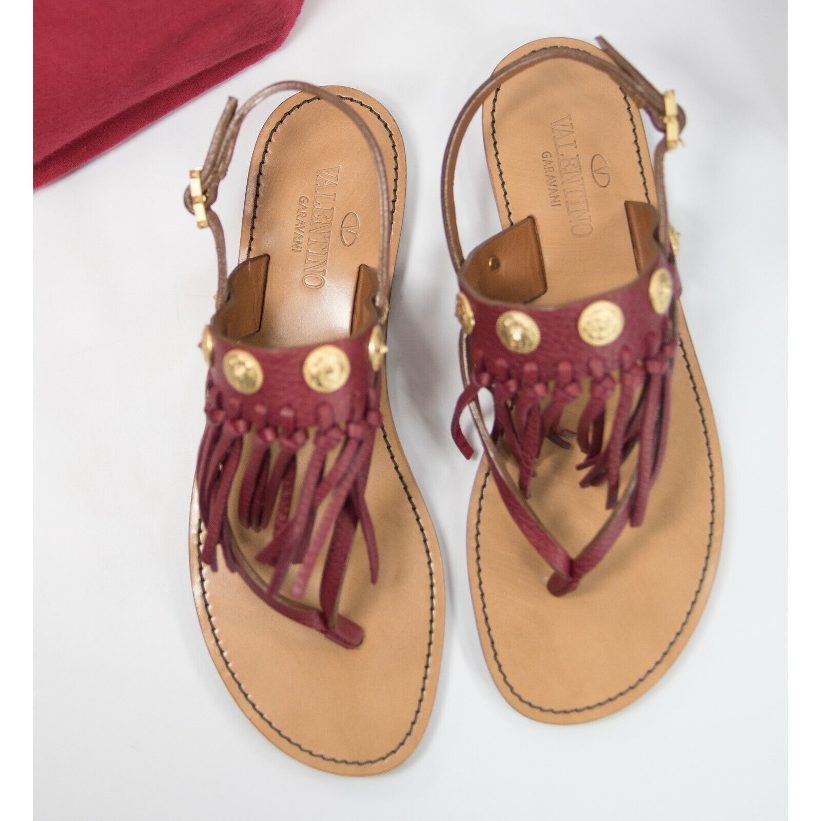 Valentino Scarlet Red Fringe Leather Medallion Flat Sandal