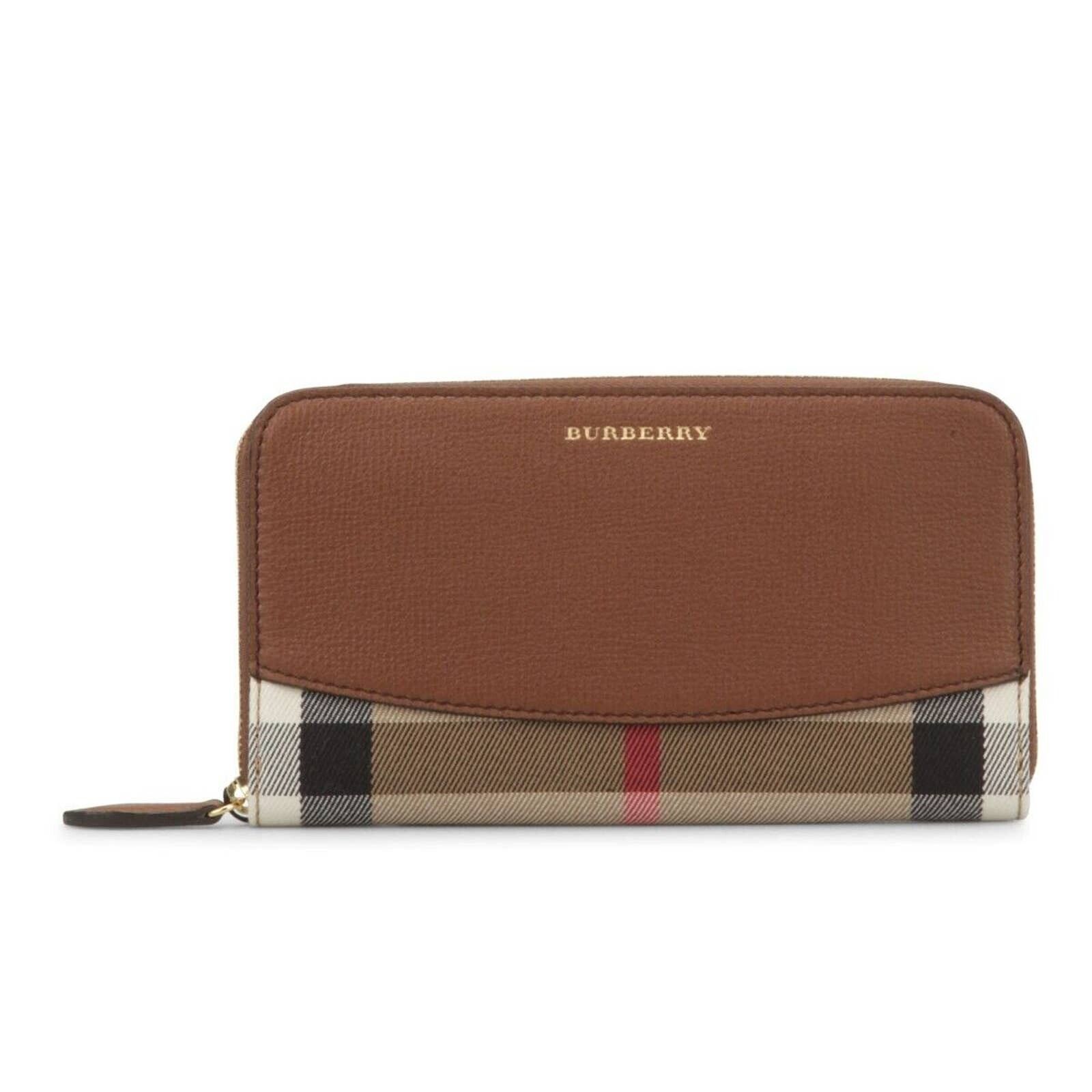 Burberry ELMORE BROWN HOUSE CHECK LEATHER ZIP LOGO CLUTCH WALLET Size ONE SIZE - 1 Preview