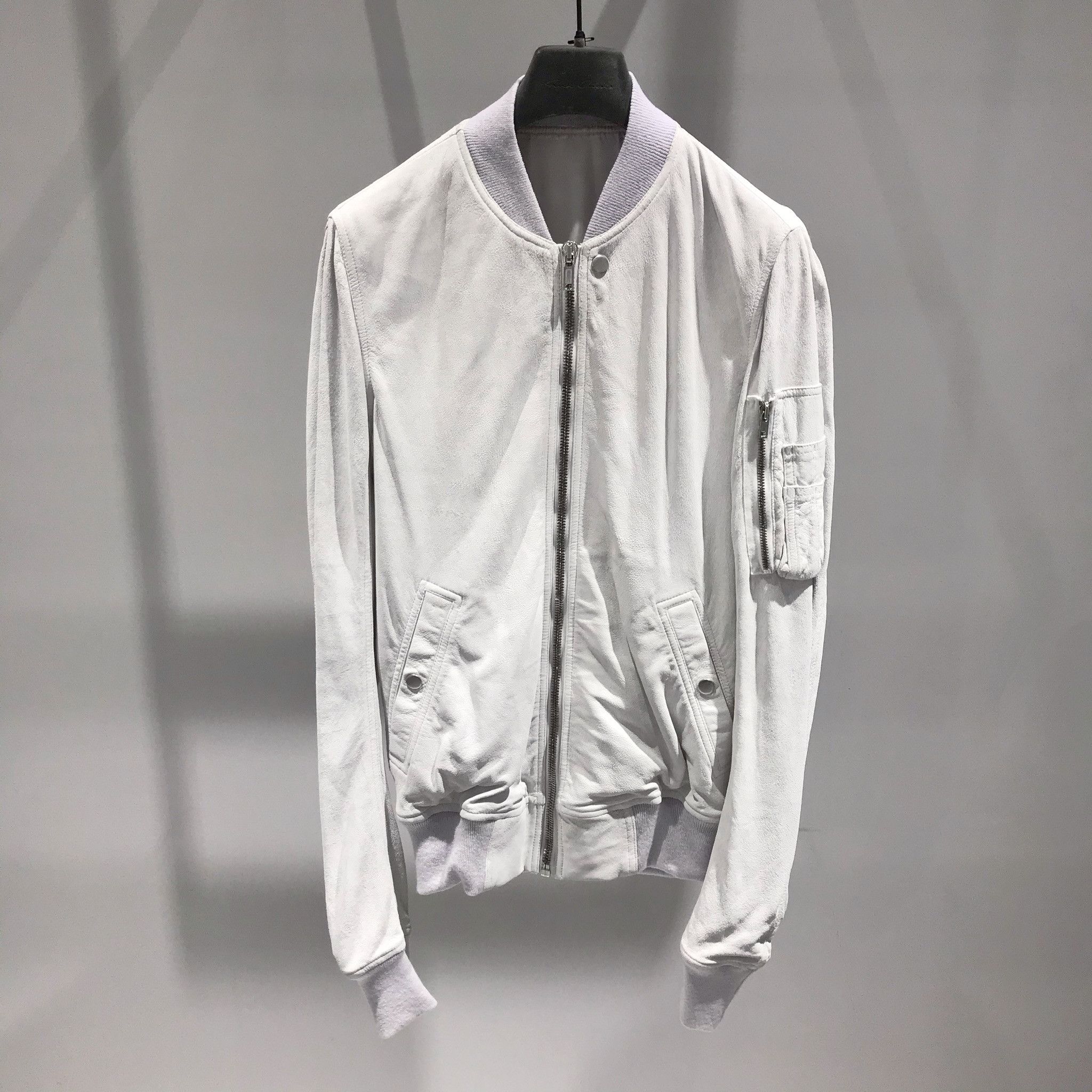 image of Rick Owens Chalk White Bomber Jacket In Blistered Lamb Leather Ma-1 Obo, Men's (Size Medium)