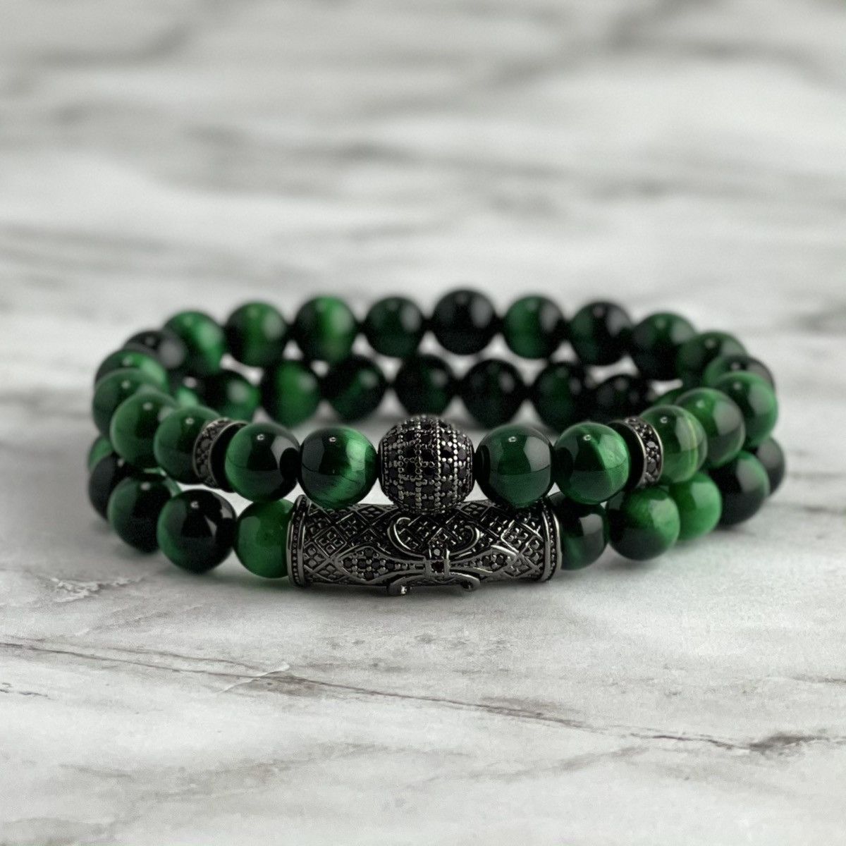 Jewelry Green Tiger Eye Stone 2 Pc. Bead Bracelet Size ONE SIZE - 1 Thumbnail