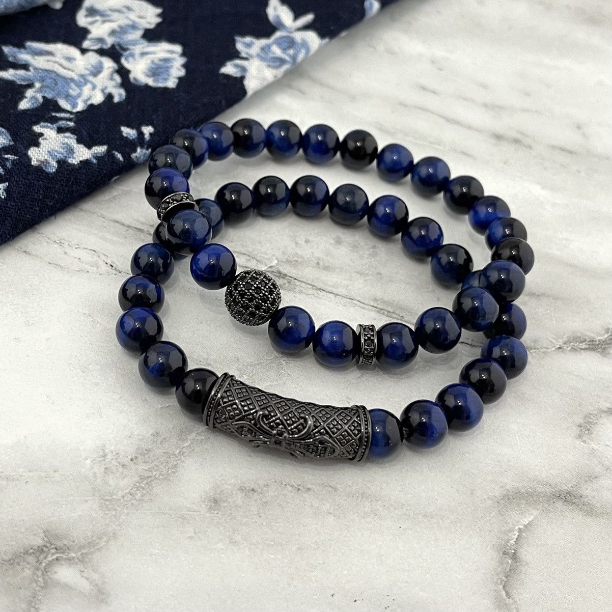 Jewelry Blue Tiger Eye Stone 2 Pc. Bead Bracelet Size ONE SIZE - 2 Thumbnail