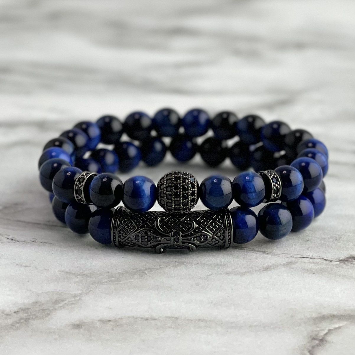 Jewelry Blue Tiger Eye Stone 2 Pc. Bead Bracelet Size ONE SIZE - 1 Thumbnail