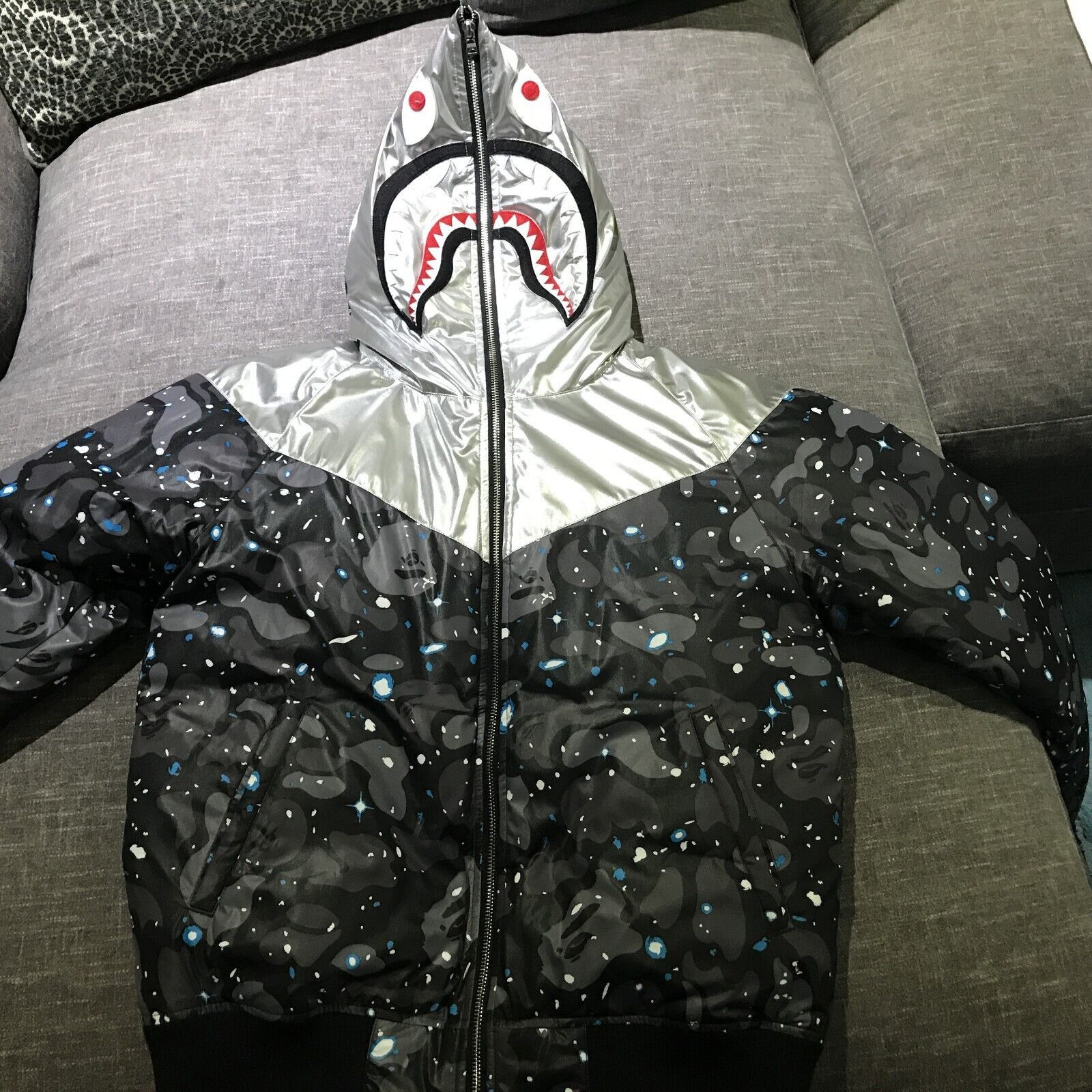 Bape A bathing ape BAPE space camo shark hoodie down jacket | Grailed